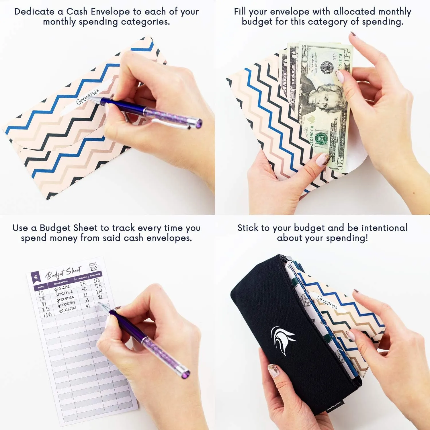 Clever Fox Cash Envelopes for Budgeting System – Budget Envelopes for Cash Budgeting and Saving, Tear and Water Resistant, Includes Carry Pouch & 12 Expense Tracking Budget Sheets, 12 Pack - Chic