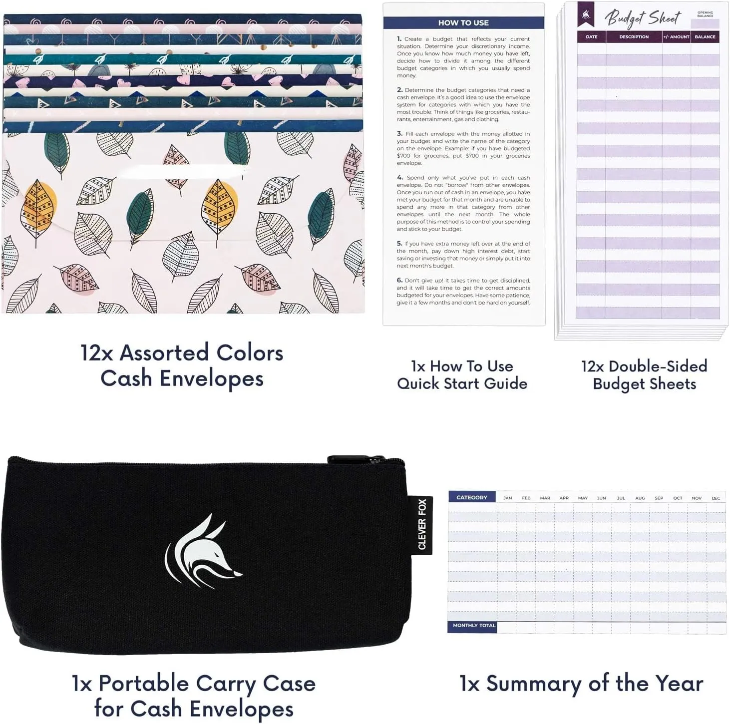 Clever Fox Cash Envelopes for Budgeting System – Budget Envelopes for Cash Budgeting and Saving, Tear and Water Resistant, Includes Carry Pouch & 12 Expense Tracking Budget Sheets, 12 Pack - Chic
