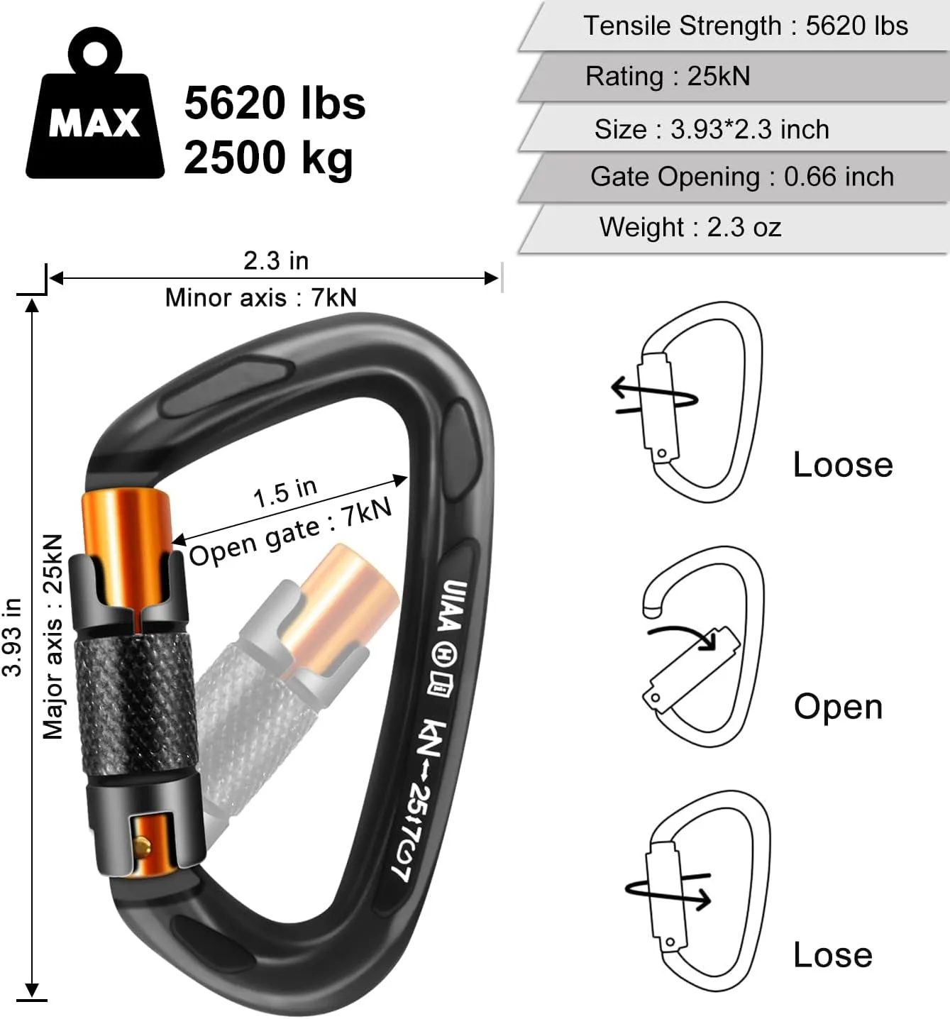 Climbing Carabiner Clips 25kN Auto Locking Carabiner, Professional Heavy Duty Large Locking Carabiner Clips for Rock/Ice Climbing Rappelling Rescue Swing etc, D Shaped, Large Size