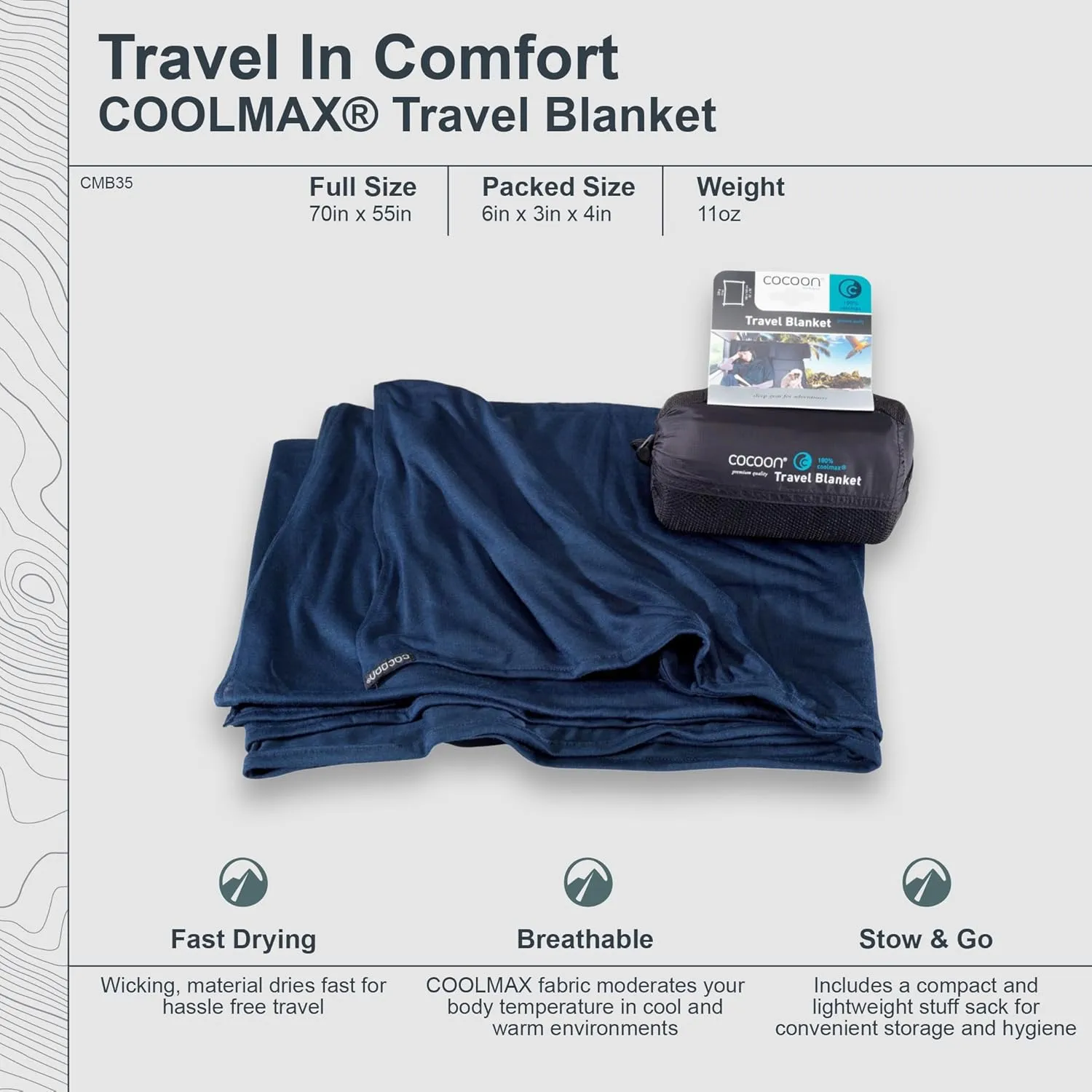 COCOON - Coolmax Travel Blanket | Compact Throw Blanket for Camping and Hiking | Fits in Backpack | Attaches to Luggage | Travel Essential | Fast Drying (Regular 70" x 55")
