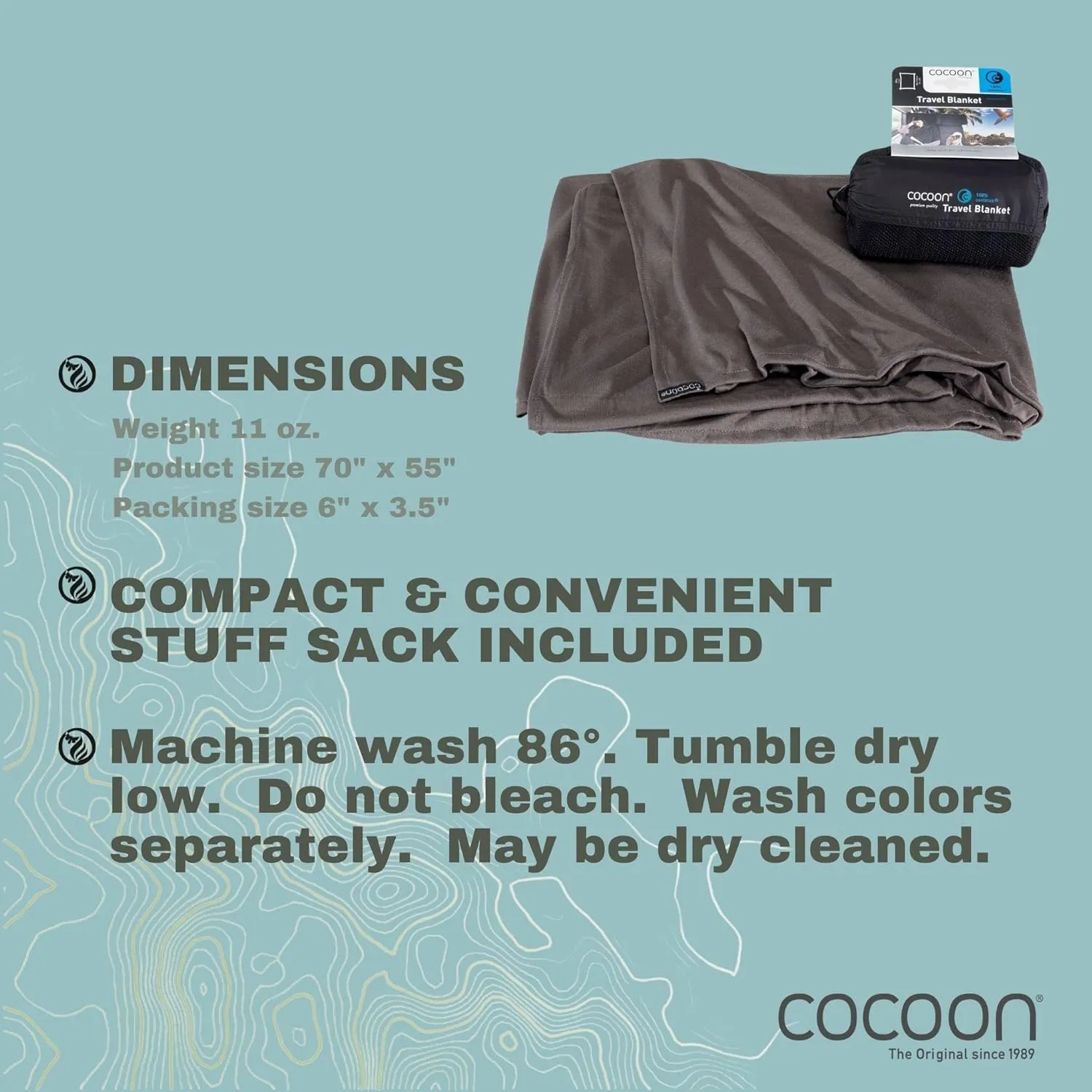 COCOON - Coolmax Travel Blanket | Compact Throw Blanket for Camping and Hiking | Fits in Backpack | Attaches to Luggage | Travel Essential | Fast Drying (Regular 70" x 55")
