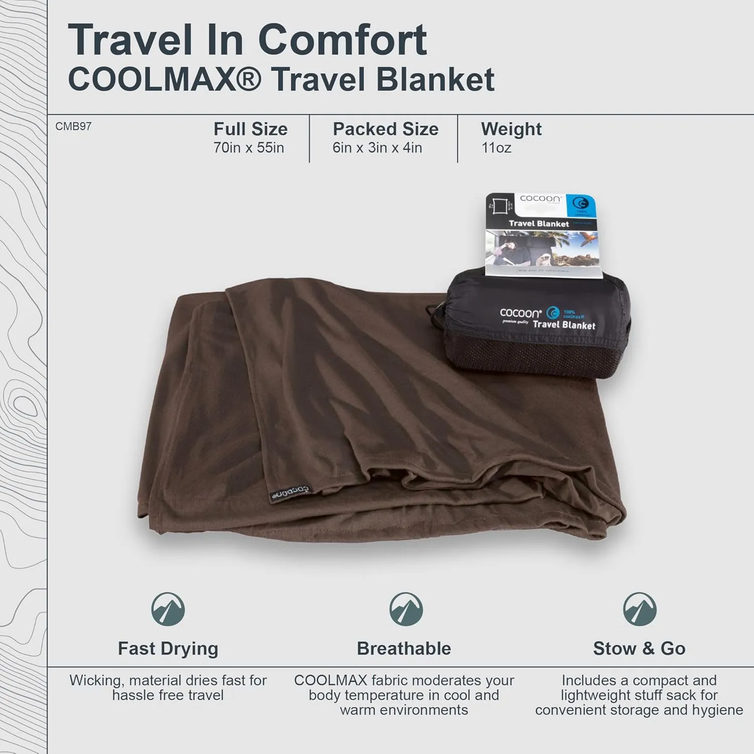 COCOON - Coolmax Travel Blanket | Compact Throw Blanket for Camping and Hiking | Fits in Backpack | Attaches to Luggage | Travel Essential | Fast Drying (Regular 70" x 55")