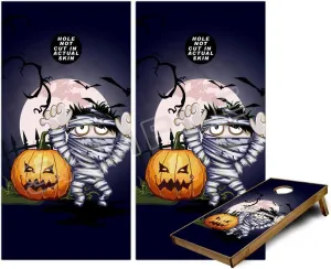 Cornhole Bag Toss Game Board Vinyl Wrap Skin Kit - Halloween Jack O Lantern Pumpkin Bats and Zombie Mummy (fits 24x48 Game Boards - Gameboards NOT Included)
