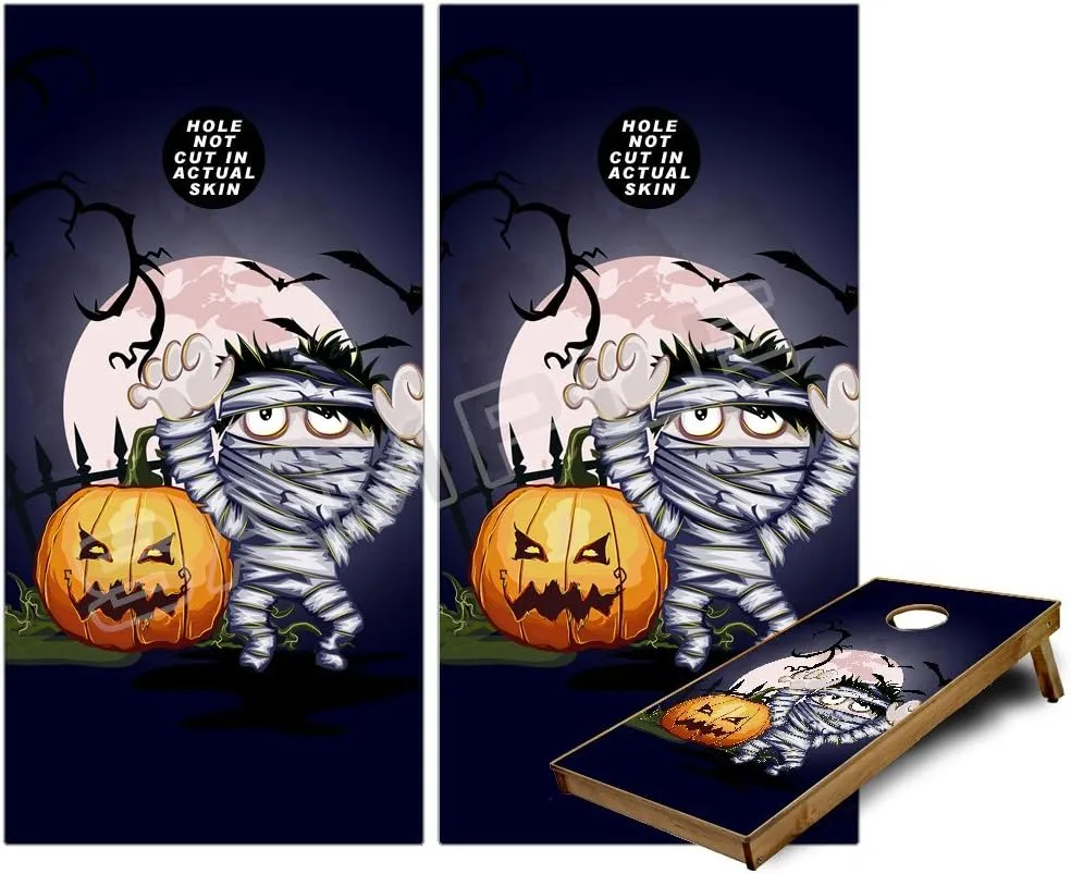 Cornhole Bag Toss Game Board Vinyl Wrap Skin Kit - Halloween Jack O Lantern Pumpkin Bats and Zombie Mummy (fits 24x48 Game Boards - Gameboards NOT Included)