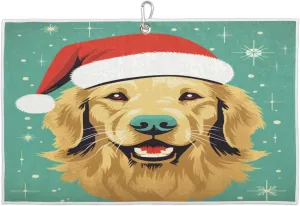 Cute Dog Christmas Hat Golf Towel with Heavy Duty Carabiner Clip Quick Dry Ultra Absorbent Club Ball Cleaning Towel Golf Accessories for Men Women