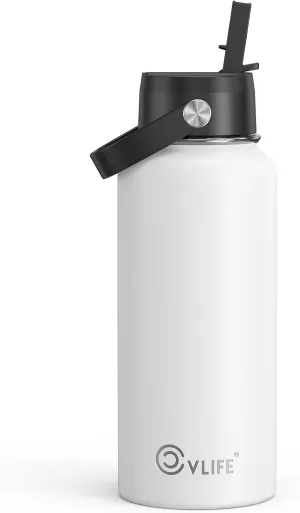 CVLIFE 32 Oz Insulated Water Bottle with Straw, Leak Proof Stainless Steel Thermos for Cold and Hot Drinks, Metal Travel Bottles for Gym and Sports (White)​