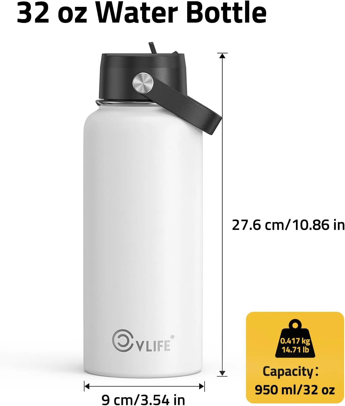 CVLIFE 32 Oz Insulated Water Bottle with Straw, Leak Proof Stainless Steel Thermos for Cold and Hot Drinks, Metal Travel Bottles for Gym and Sports (White)​