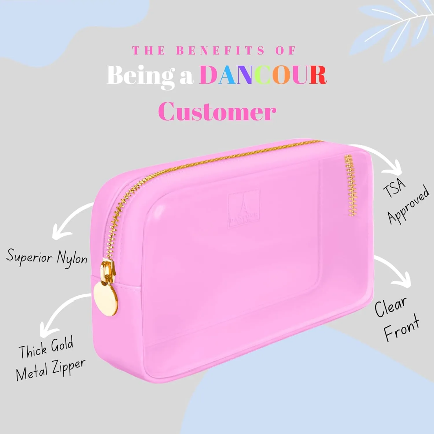 DANCOUR Small Clear Makeup Bag – Mini Cosmetic Pouch for Purse, Light Pink Travel Bag, Compact Clear Pouch for Cosmetics, Mini Purse Organizer