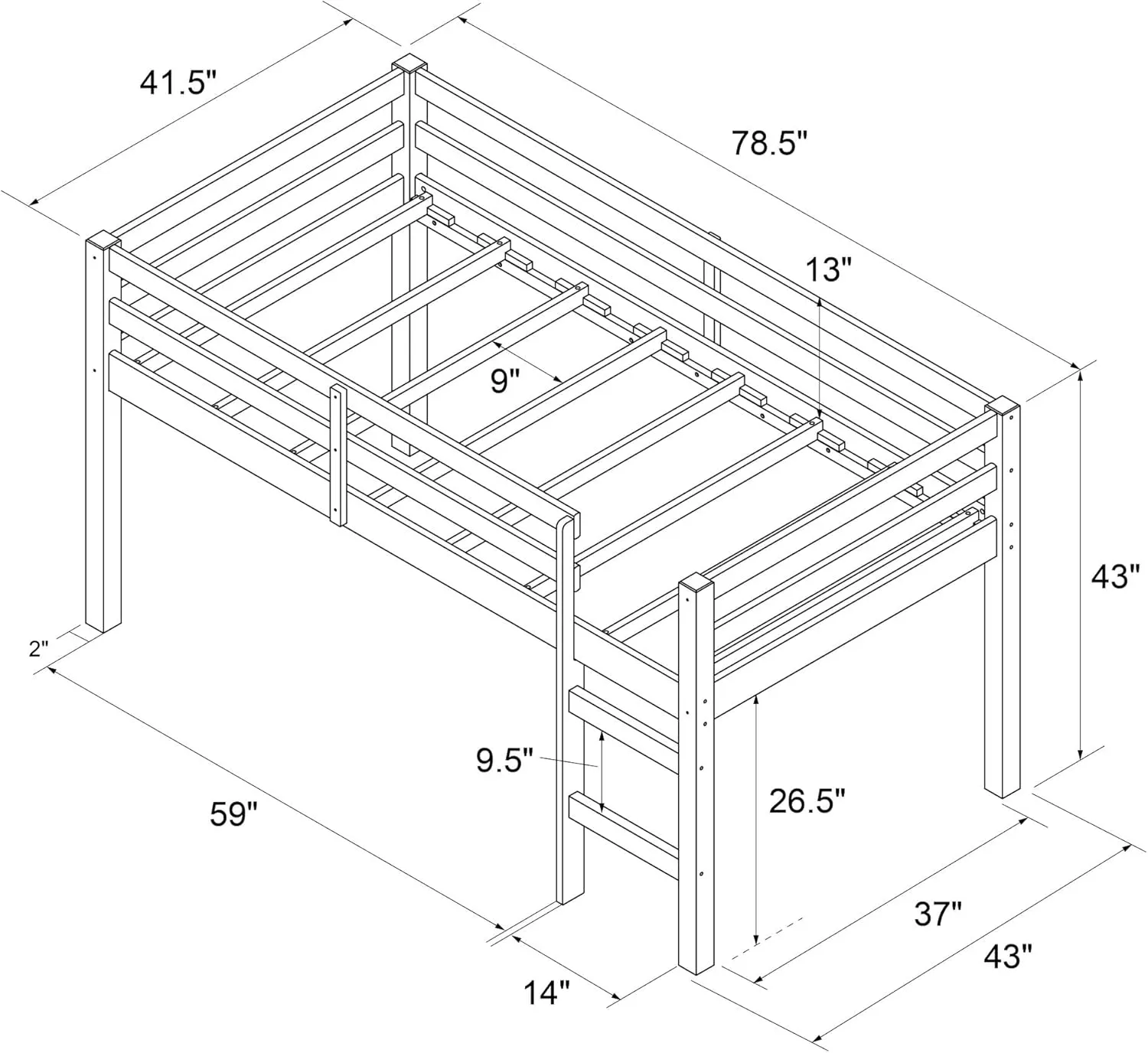 DHP Milton Twin Loft Bed, Space Saving Design, Solid Pine Wood, White Finish