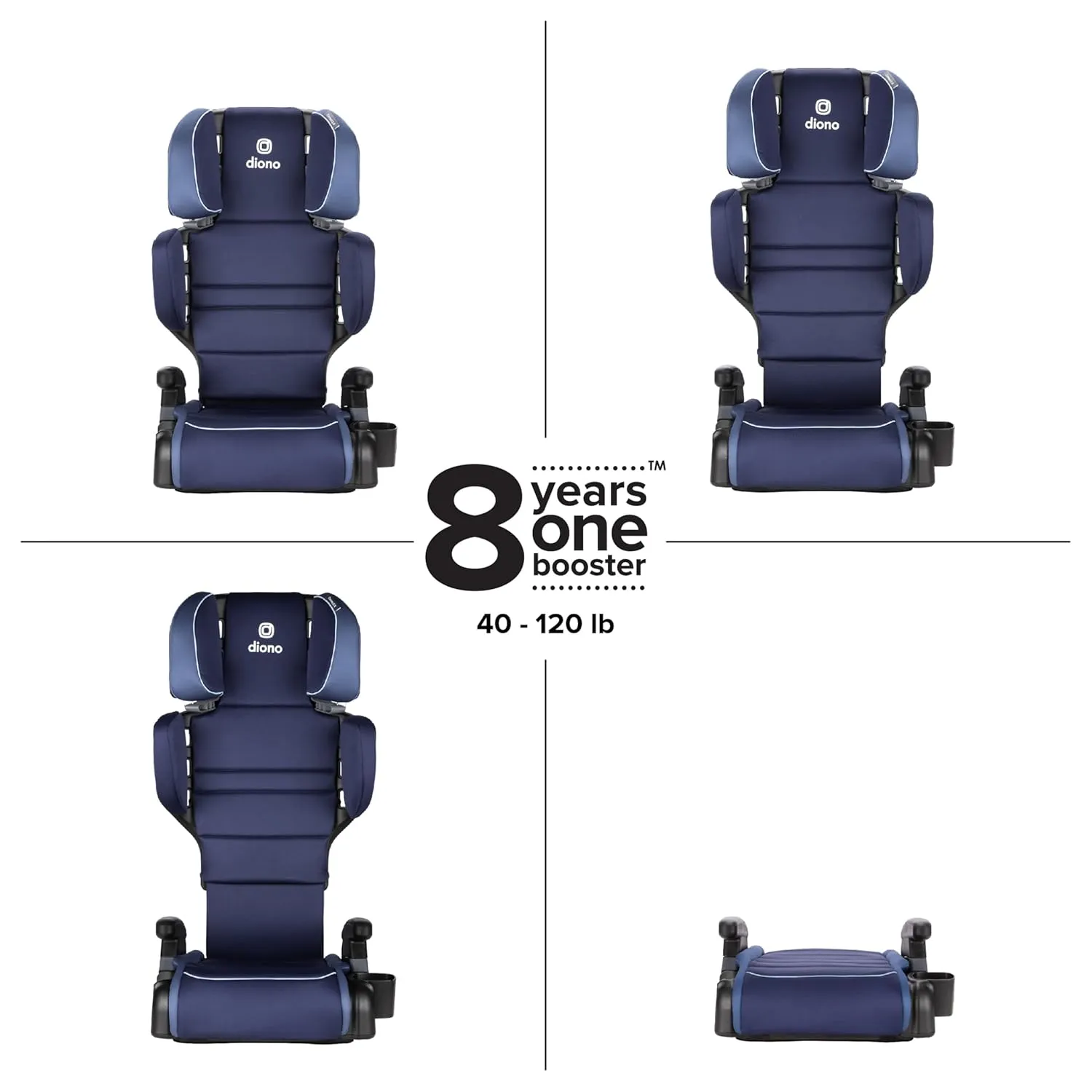 Diono Connect3 R 2-in-1 High Back Booster, Slim Fit 3-Across in Many Mid-Sized Sedans and SUVs, for Children from 40-120 lbs., Lightweight with Cupholder, Blue Surge