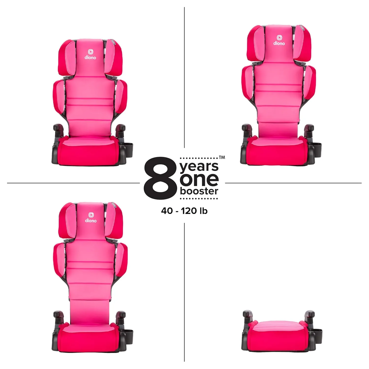 Diono Connect3 R 2-in-1 High Back Booster, Slim Fit 3-Across in Many Mid-Sized Sedans and SUVs, for Children from 40-120 lbs., Lightweight with Cupholder, Pink Cotton Candy