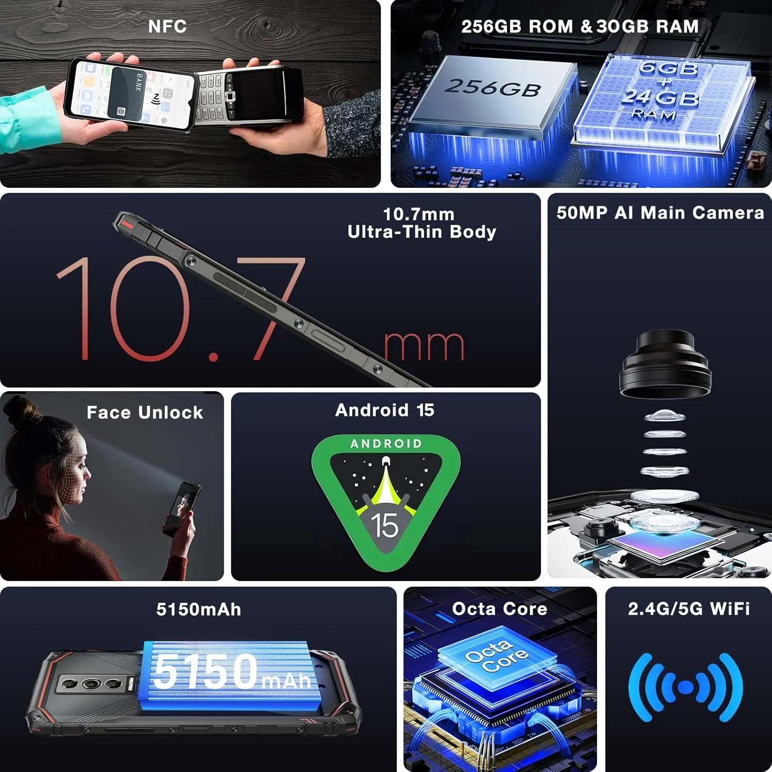 DOOGEE Blade 10 Pro Android 15 Rugged Phone,10.7mm Ultra-Thin,30GB 256GB Rugged Smartphone,Octa Core 6.56" HD 90Hz,50MP 8MP,IP68/IP69K Waterproof Phone,Widevine L1,NFC/Face Unlock