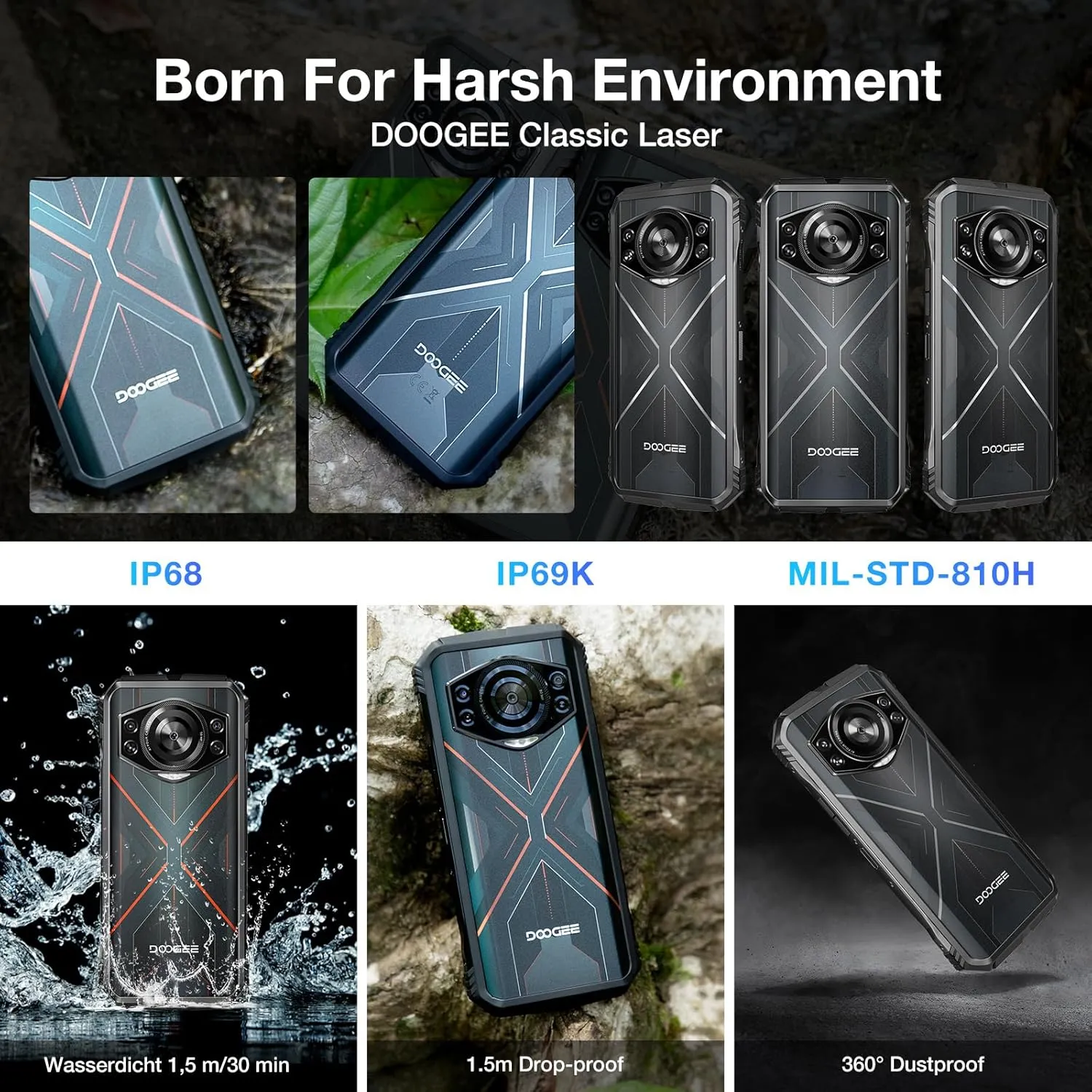 DOOGEE S Cyber Rugged Smartphone Android 14, 10800mAh Battery Rugged Phone, 20GB RAM   256 ROM, 6.58" FHD IPS Waterdrop Screen, 50MP AI Camera/Dual SIM Unlocked/Octa Core/OTG/GPS, Silver
