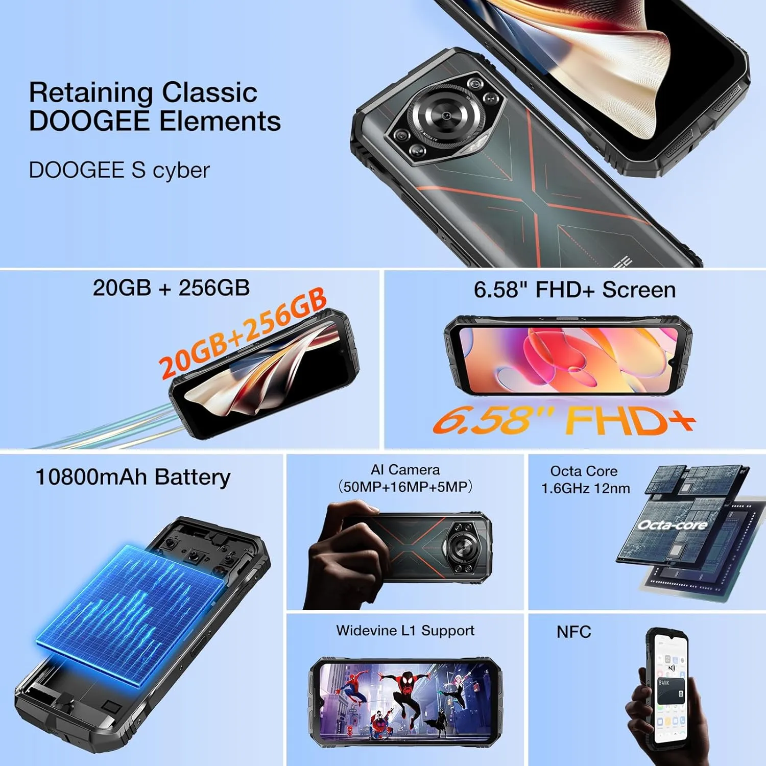 DOOGEE S Cyber Rugged Smartphone Android 14, 10800mAh Battery Rugged Phone, 20GB RAM   256 ROM, 6.58" FHD IPS Waterdrop Screen, 50MP AI Camera/Dual SIM Unlocked/Octa Core/OTG/GPS, Silver
