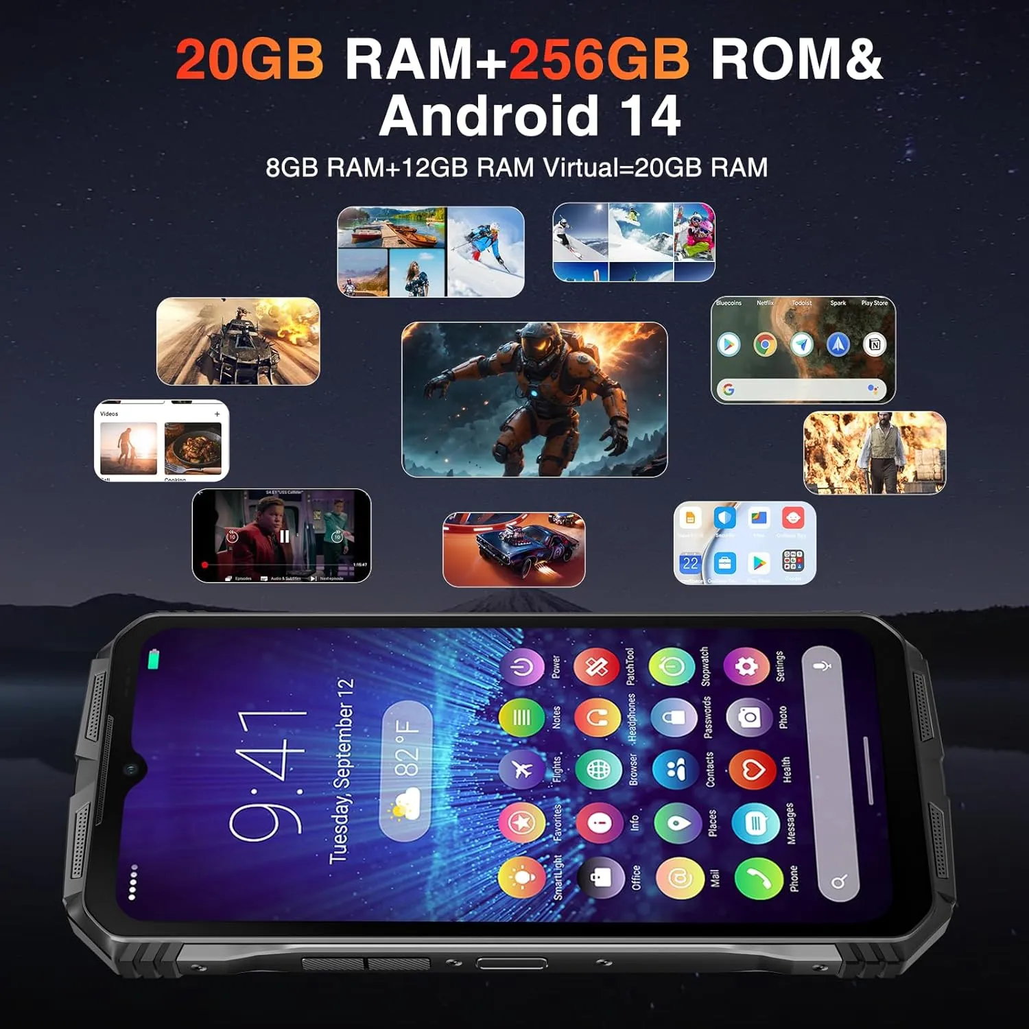 DOOGEE S Cyber Rugged Smartphone, Android 14, 10800mAh Battery Rugged Phone, 20GB RAM  256GB ROM, Expandable to 1TB, 6.58” FHD  IPS, 50MP AI Camera, Dual SIM 4G, Face Unlock, NFC, OTG(Sliver)