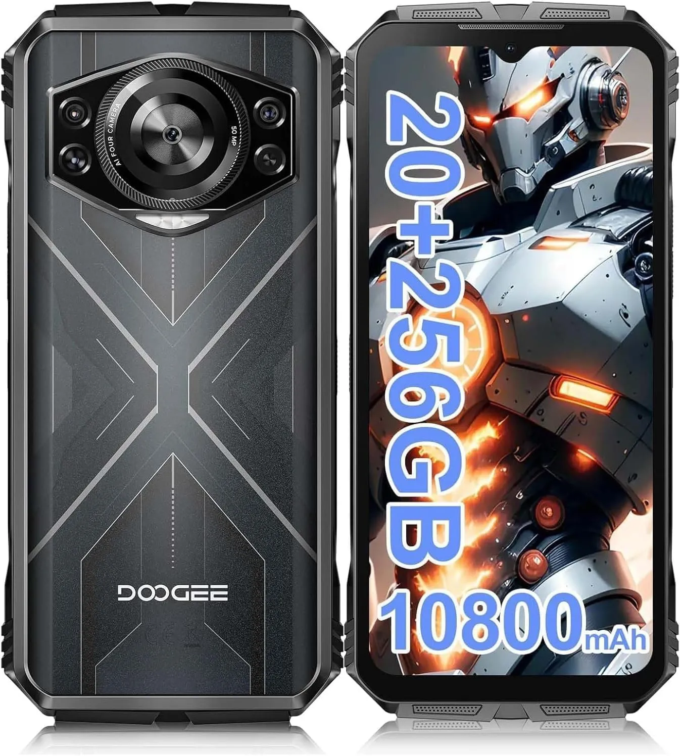 DOOGEE S Cyber Rugged Smartphone, Android 14, 10800mAh Battery Rugged Phone, 20GB RAM  256GB ROM, Expandable to 1TB, 6.58” FHD  IPS, 50MP AI Camera, Dual SIM 4G, Face Unlock, NFC, OTG(Sliver)