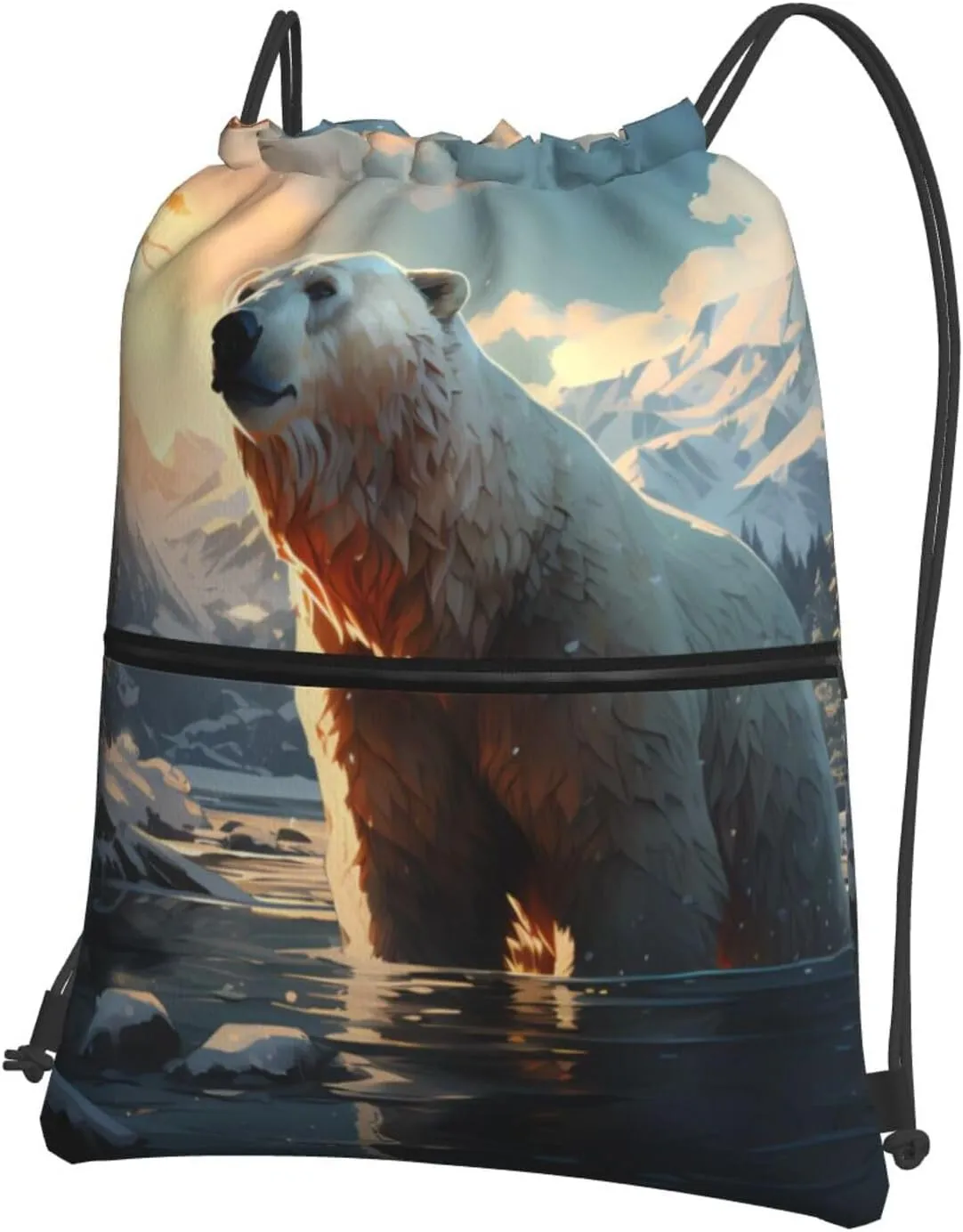 Drawstring Backpack with Zip Pockets, Polar bear in winter Print Lightweight string Bag Travel Gym Sack, Hiking, Yoga