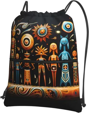 Drawstring Backpack with Zip Pockets, Primitive Totem Print Lightweight string Bag Travel Gym Sack, Hiking, Yoga
