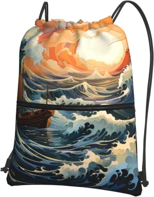 Drawstring Backpack with Zip Pockets, Sea and Sail Print Lightweight string Bag Travel Gym Sack, Hiking, Yoga