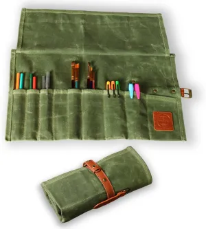 Earth & Fiber Co. Compact Waxed Canvas Paint Brush Holder - Portable Art Bag for Painting & Drawing - Art Supplies Organizer - Storage Roll Bag for Artists