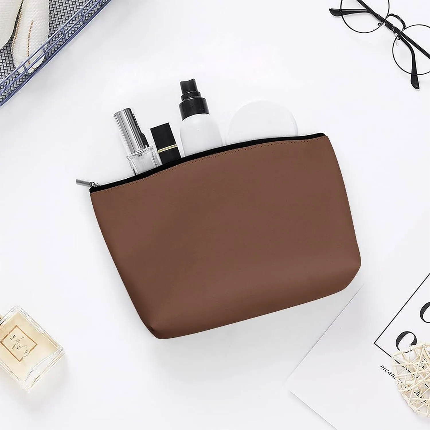 Elegant Makeup Bag, Brown Solid Color Elegant Cosmetic Bag Large Capacity Pouch Portable Organizer for Men & Women