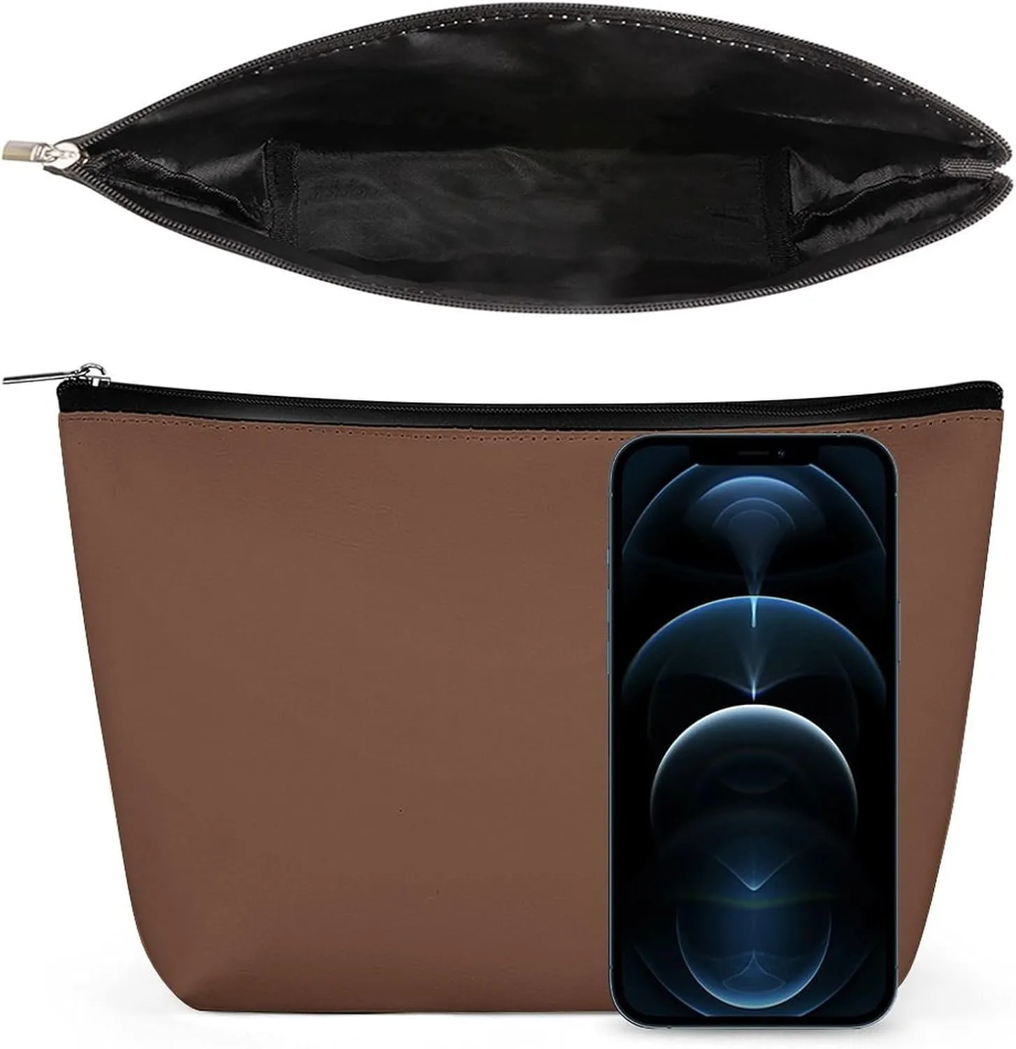 Elegant Makeup Bag, Brown Solid Color Elegant Cosmetic Bag Large Capacity Pouch Portable Organizer for Men & Women