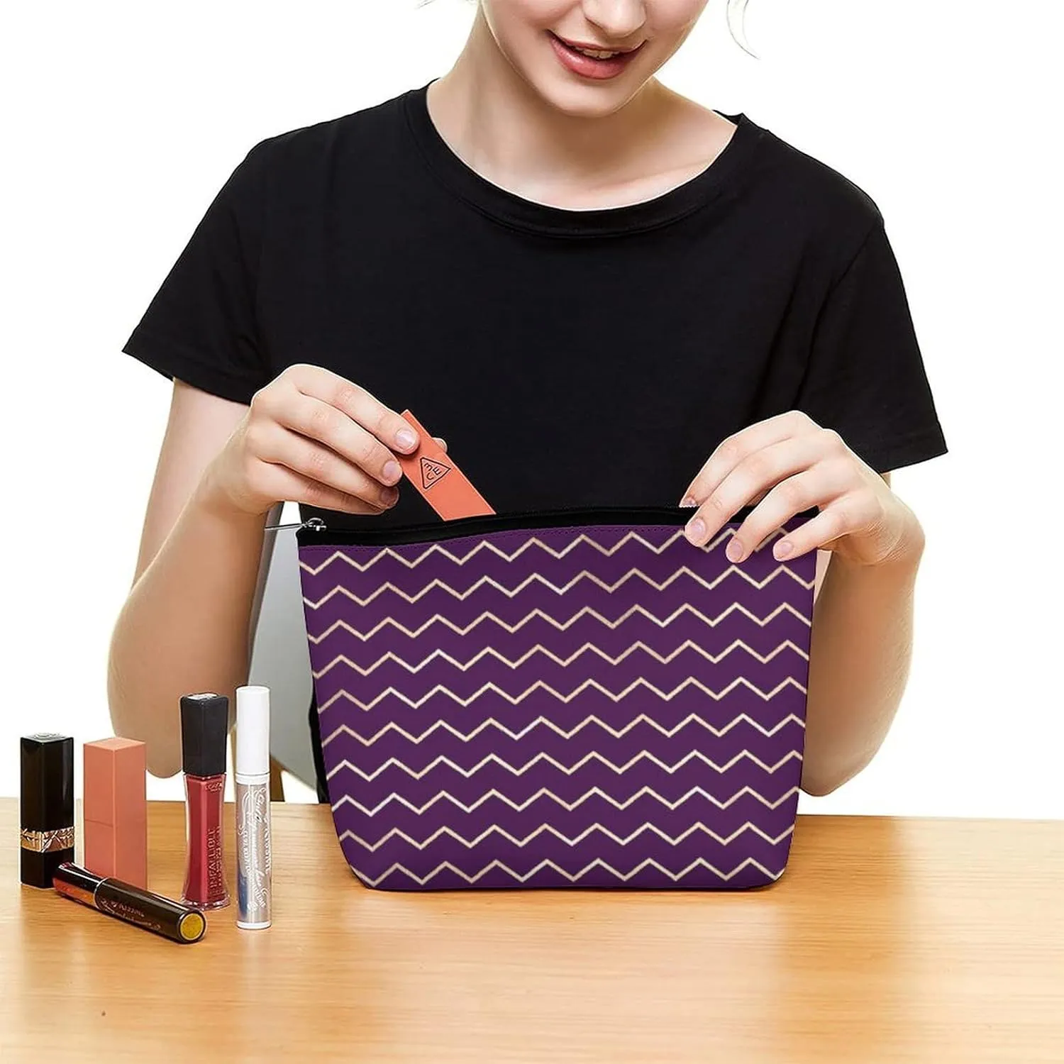 Elegant Makeup Bag, Chevron Stripes Line Gold Metallic Purple Violet Cosmetic Bag Large Capacity Pouch Portable Organizer for Men & Women