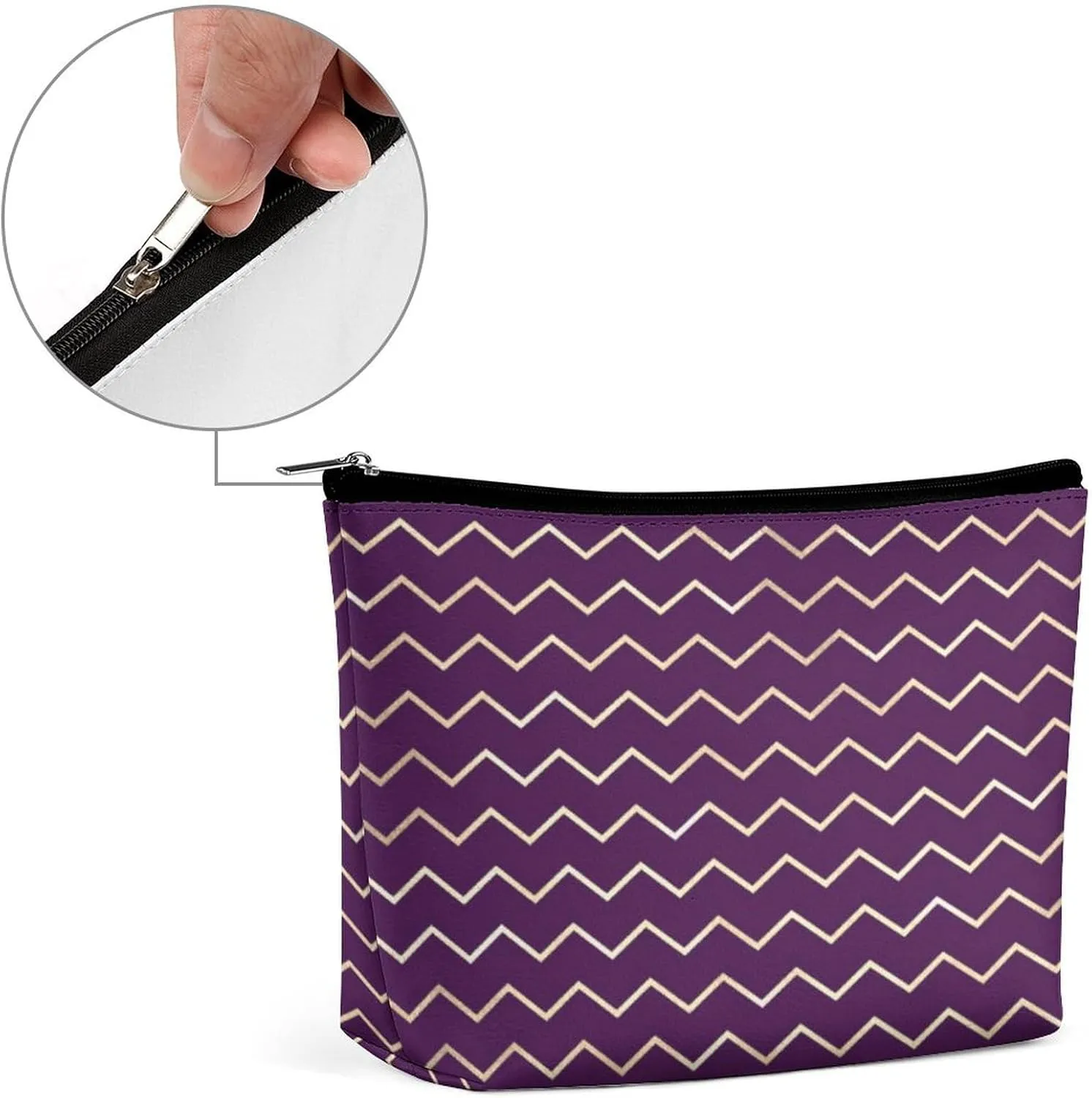 Elegant Makeup Bag, Chevron Stripes Line Gold Metallic Purple Violet Cosmetic Bag Large Capacity Pouch Portable Organizer for Men & Women