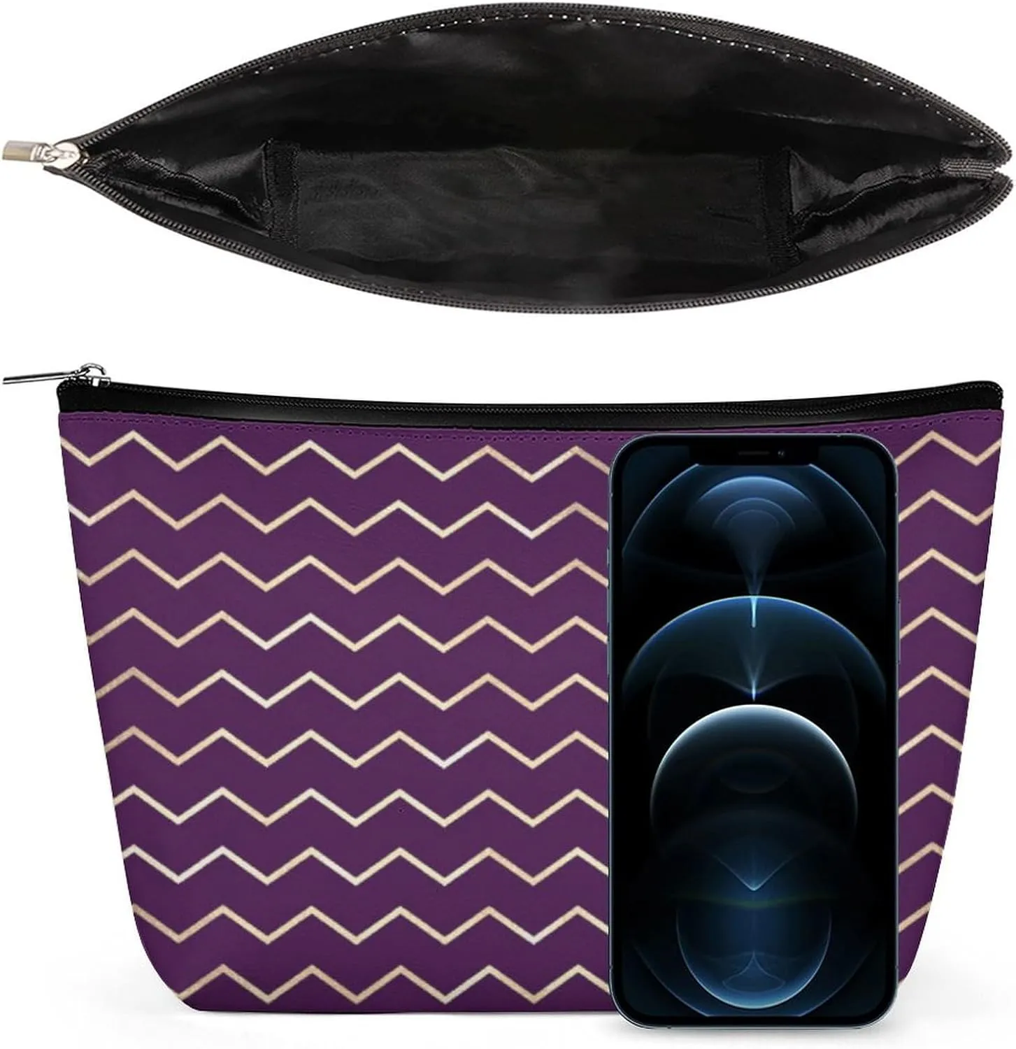 Elegant Makeup Bag, Chevron Stripes Line Gold Metallic Purple Violet Cosmetic Bag Large Capacity Pouch Portable Organizer for Men & Women