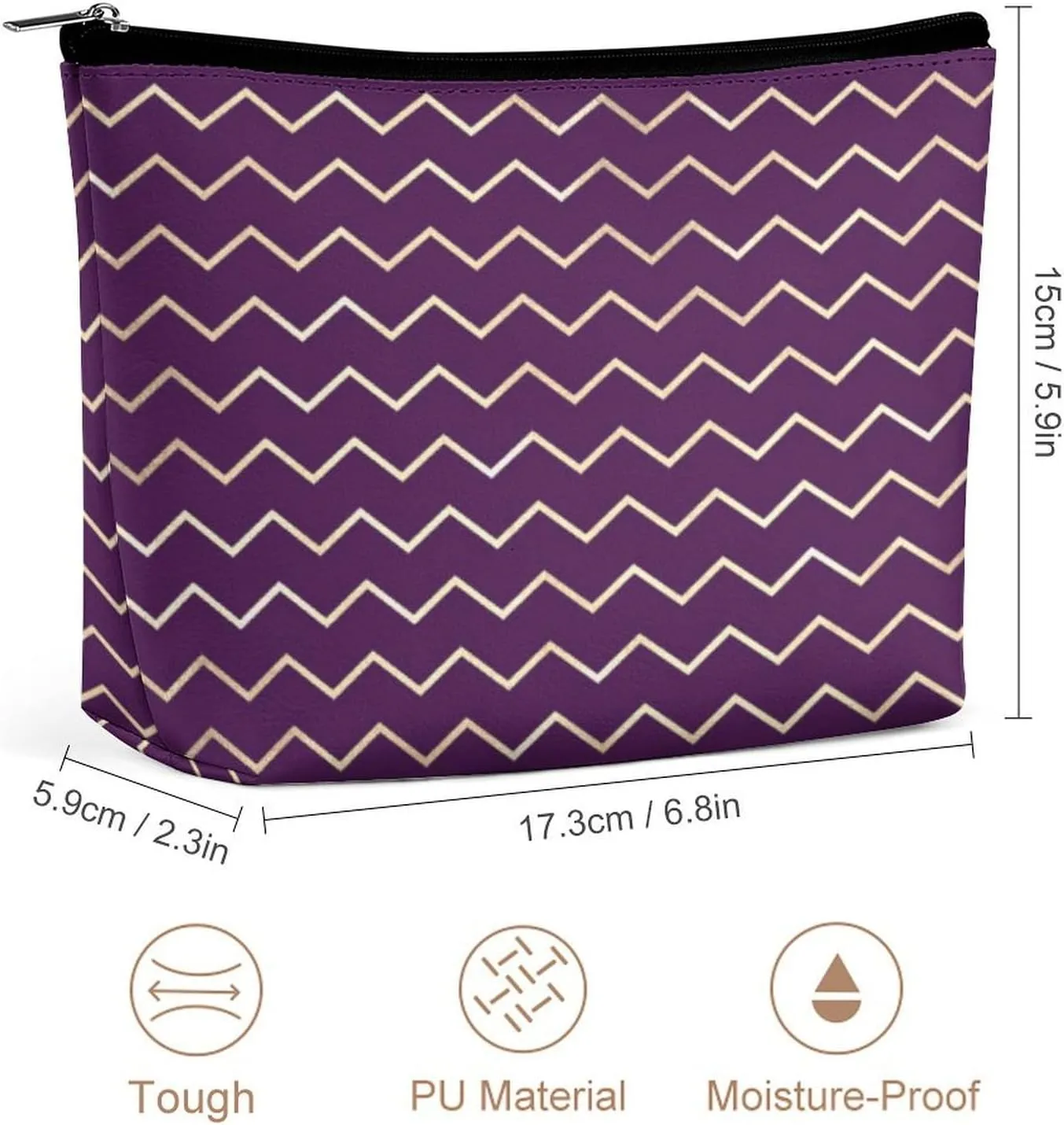 Elegant Makeup Bag, Chevron Stripes Line Gold Metallic Purple Violet Cosmetic Bag Large Capacity Pouch Portable Organizer for Men & Women