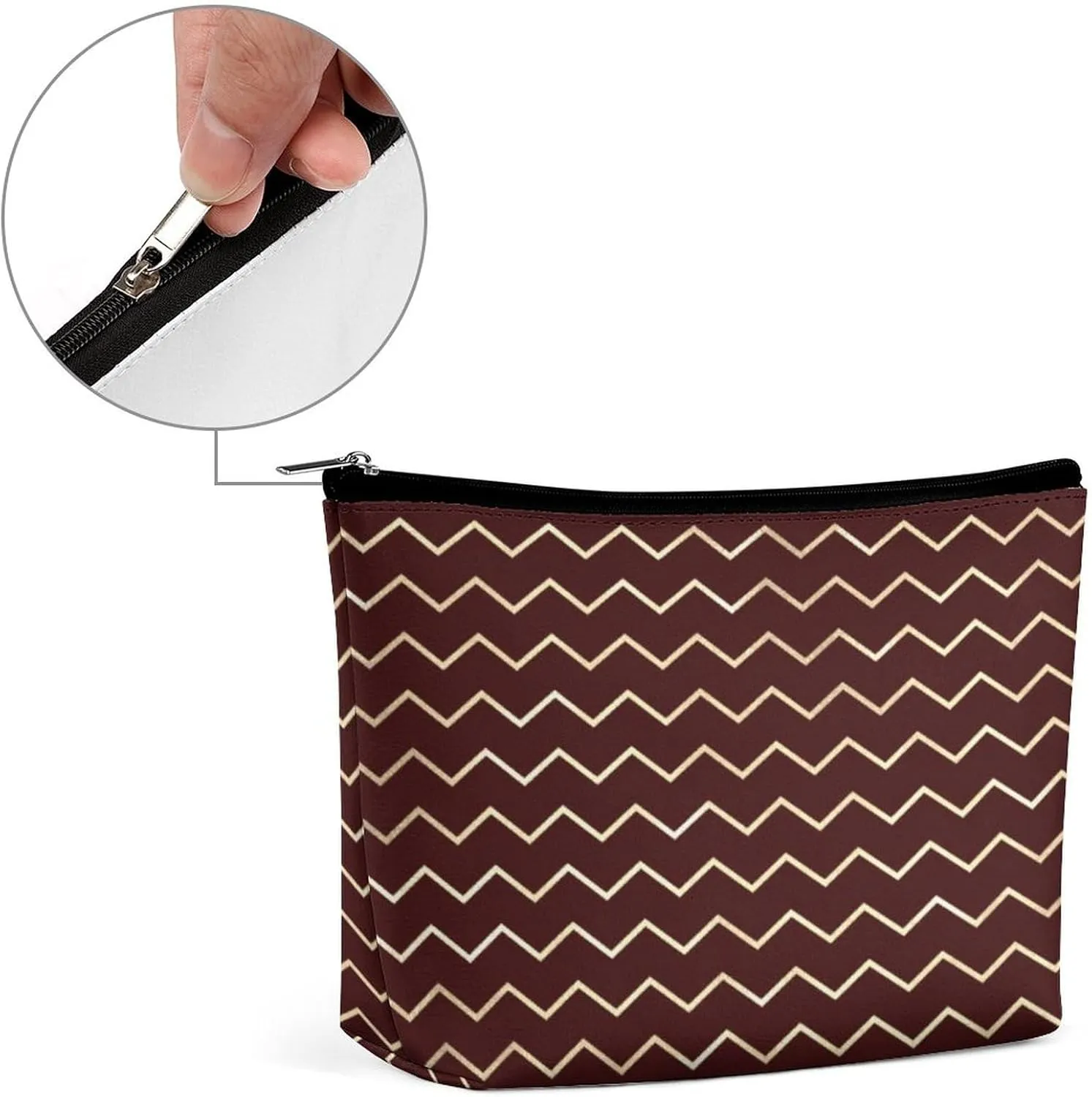 Elegant Makeup Bag, Chevron Stripes Lines Gold Metallic Burgundy Maroon Cosmetic Bag Large Capacity Pouch Portable Organizer for Men & Women