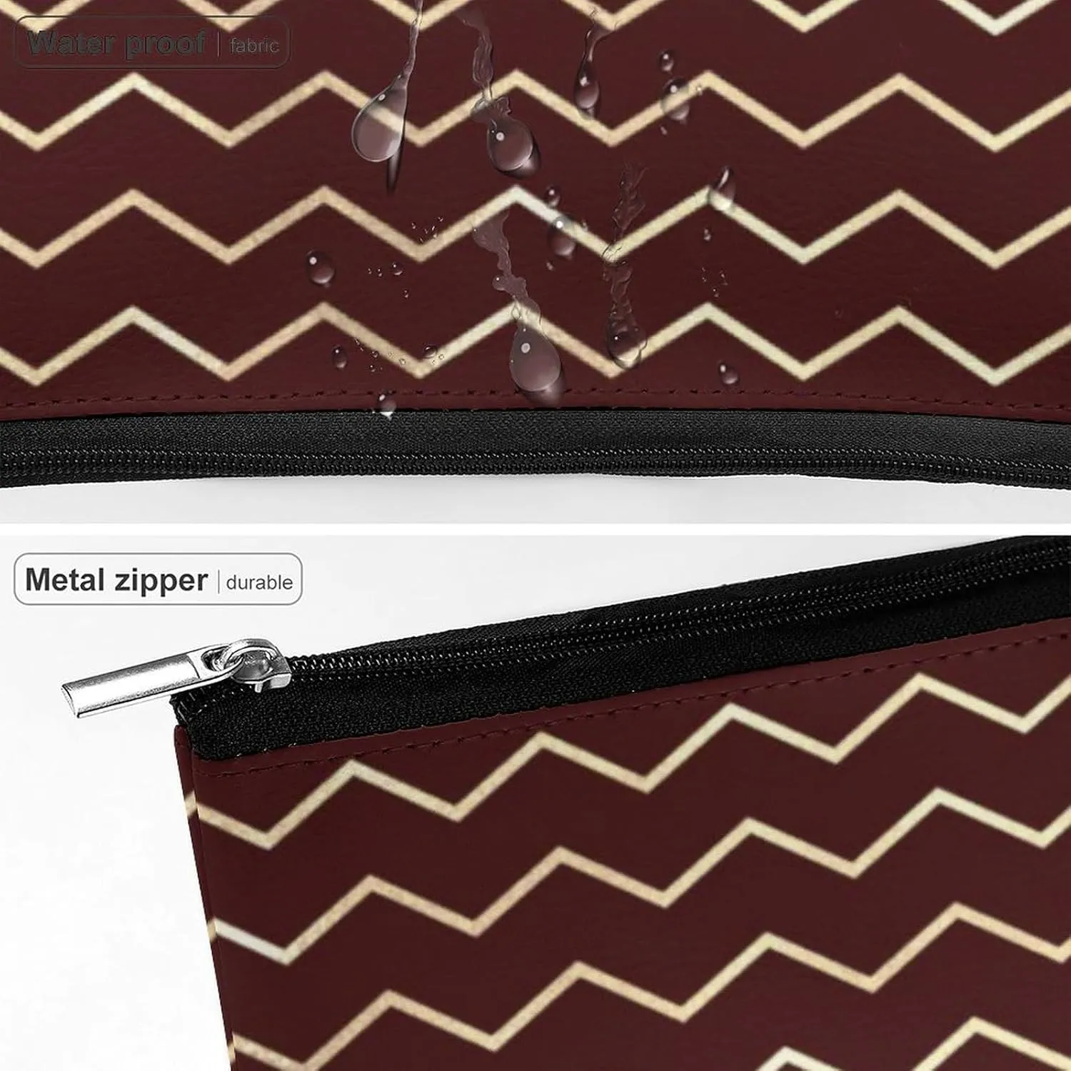 Elegant Makeup Bag, Chevron Stripes Lines Gold Metallic Burgundy Maroon Cosmetic Bag Large Capacity Pouch Portable Organizer for Men & Women