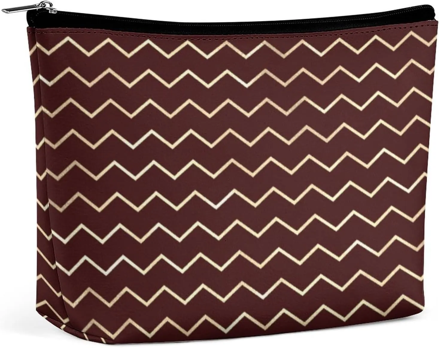 Elegant Makeup Bag, Chevron Stripes Lines Gold Metallic Burgundy Maroon Cosmetic Bag Large Capacity Pouch Portable Organizer for Men & Women