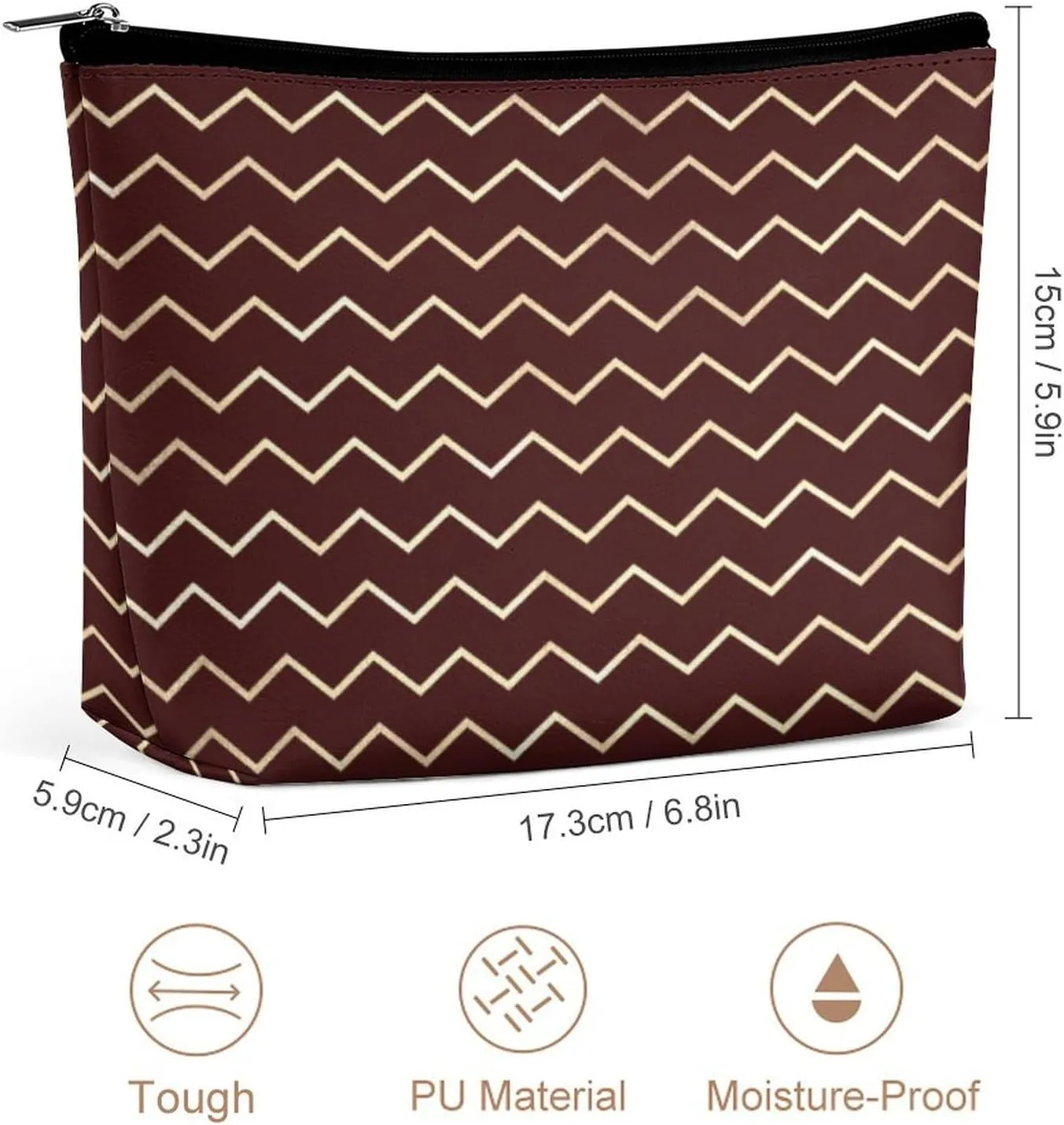 Elegant Makeup Bag, Chevron Stripes Lines Gold Metallic Burgundy Maroon Cosmetic Bag Large Capacity Pouch Portable Organizer for Men & Women