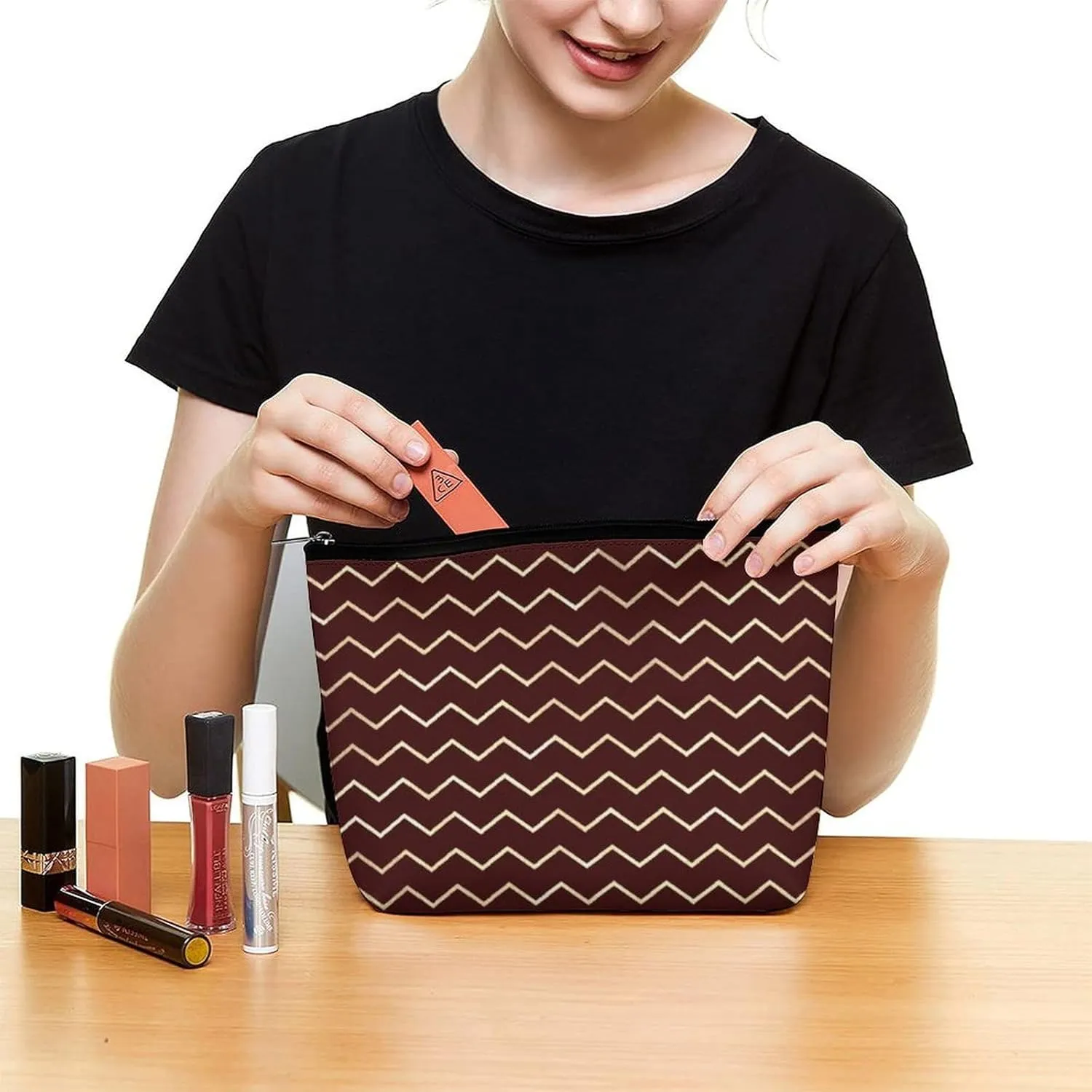 Elegant Makeup Bag, Chevron Stripes Lines Gold Metallic Burgundy Maroon Cosmetic Bag Large Capacity Pouch Portable Organizer for Men & Women