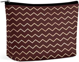 Elegant Makeup Bag, Chevron Stripes Lines Gold Metallic Burgundy Maroon Cosmetic Bag Large Capacity Pouch Portable Organizer for Men & Women