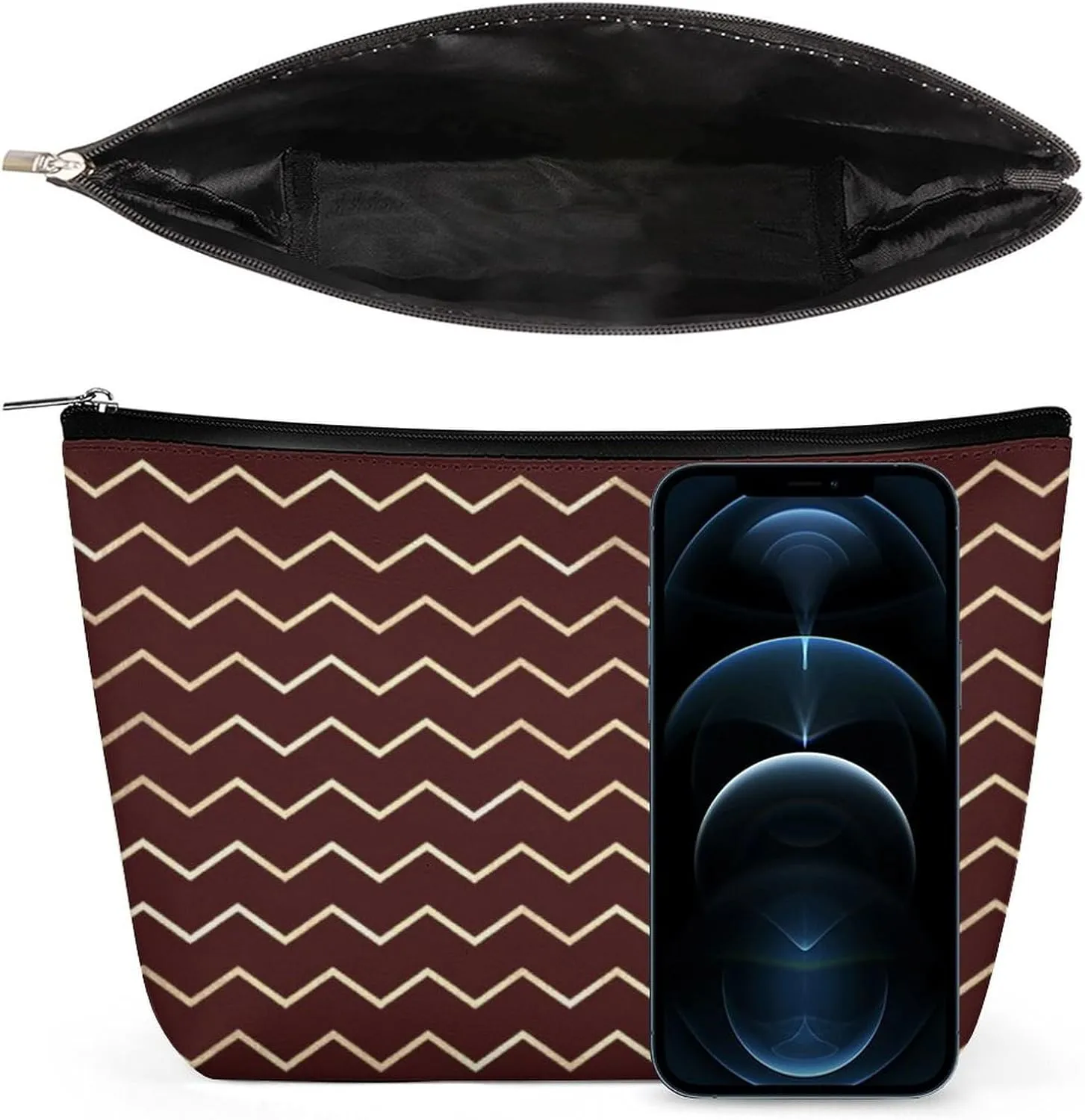 Elegant Makeup Bag, Chevron Stripes Lines Gold Metallic Burgundy Maroon Cosmetic Bag Large Capacity Pouch Portable Organizer for Men & Women
