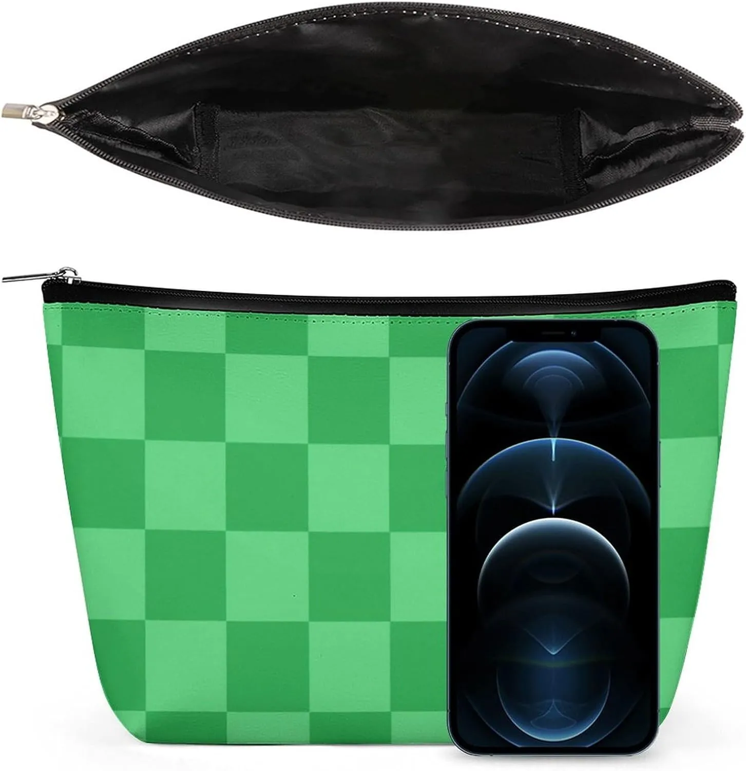 Elegant Makeup Bag, Green Checker Cosmetic Bag Large Capacity Pouch Portable Organizer for Men & Women