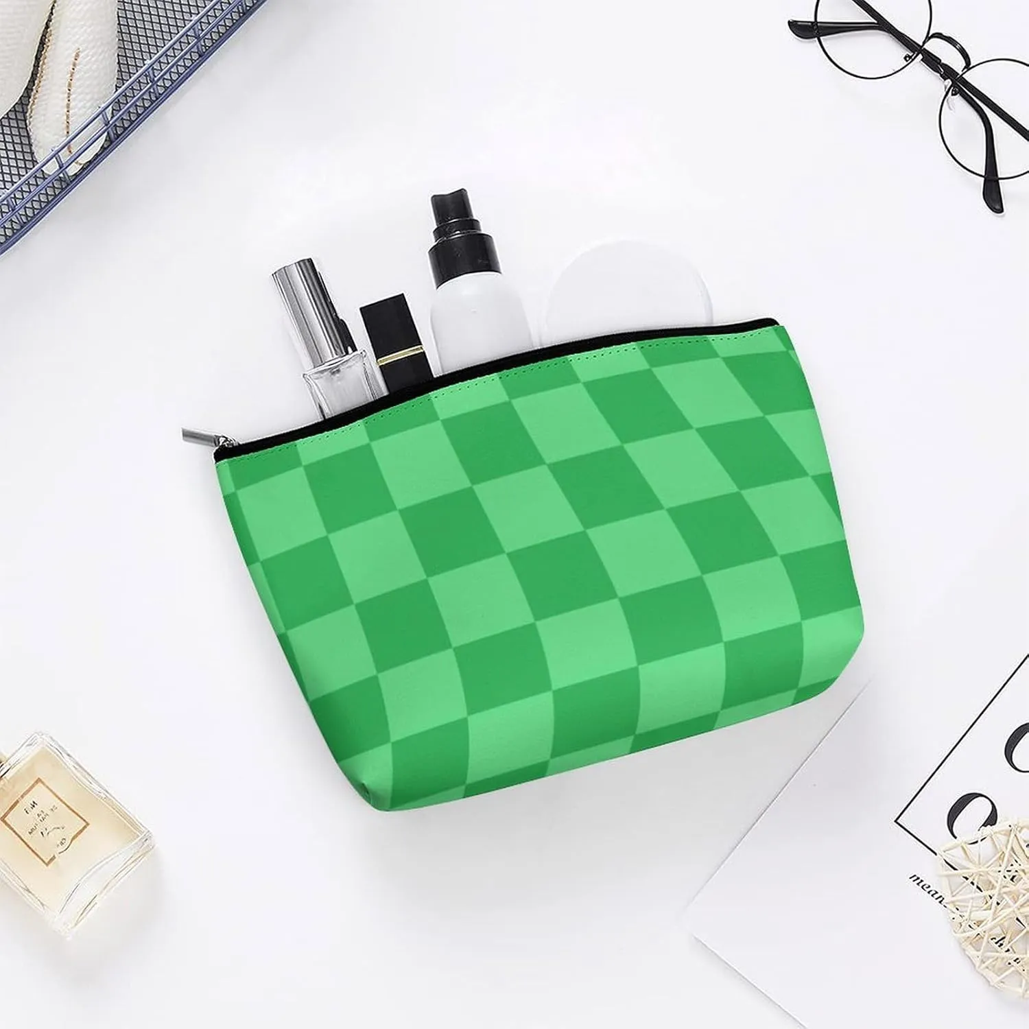 Elegant Makeup Bag, Green Checker Cosmetic Bag Large Capacity Pouch Portable Organizer for Men & Women