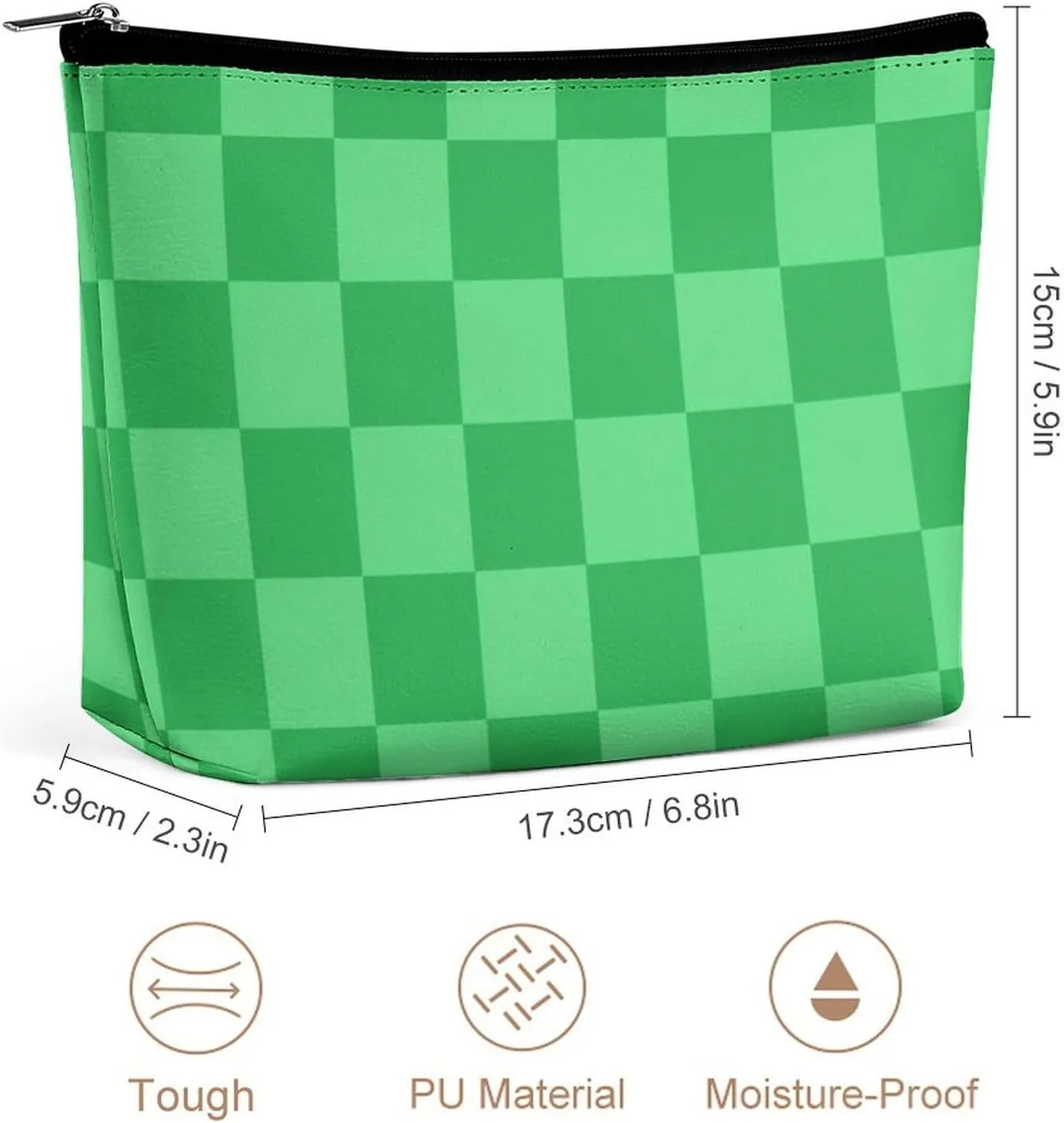 Elegant Makeup Bag, Green Checker Cosmetic Bag Large Capacity Pouch Portable Organizer for Men & Women