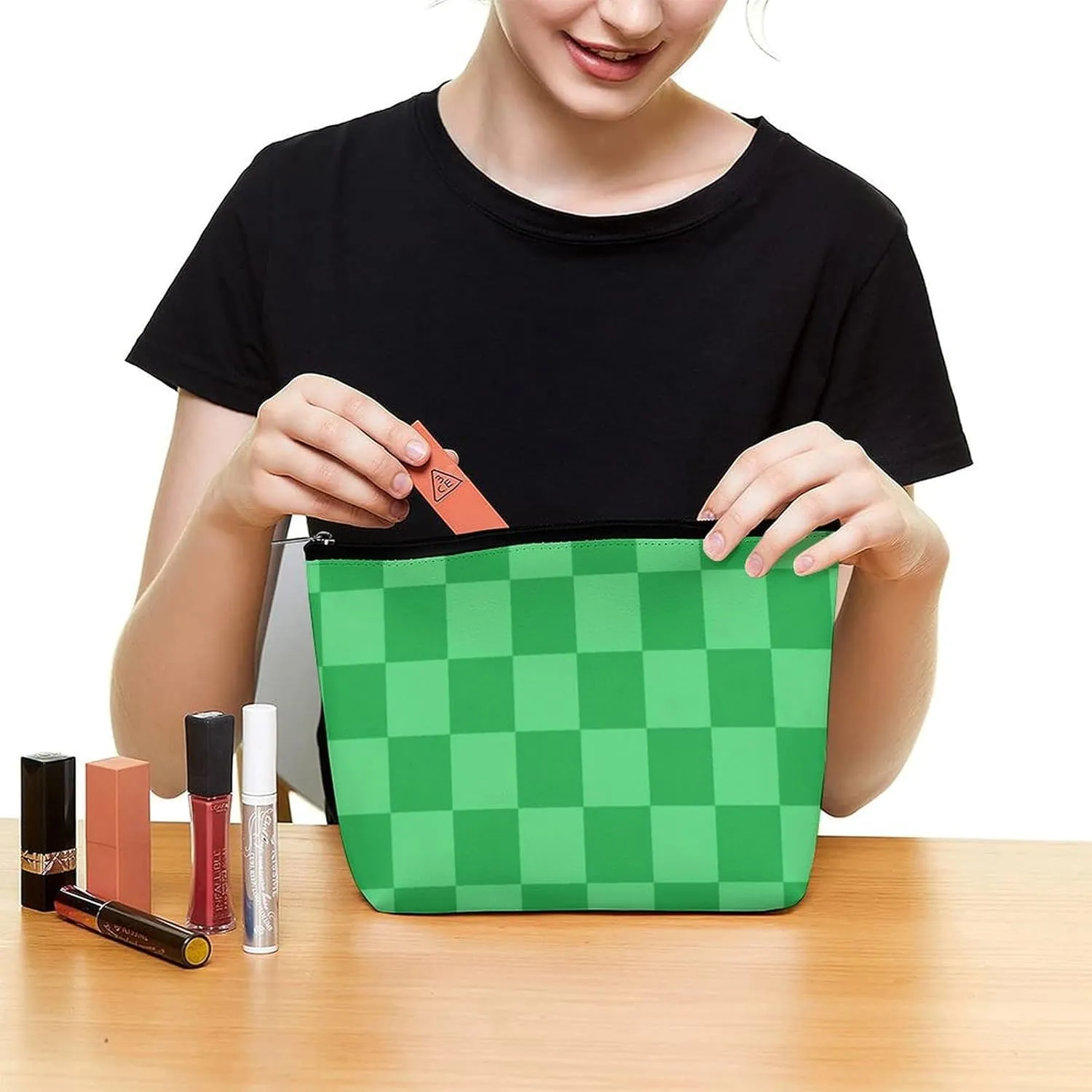 Elegant Makeup Bag, Green Checker Cosmetic Bag Large Capacity Pouch Portable Organizer for Men & Women