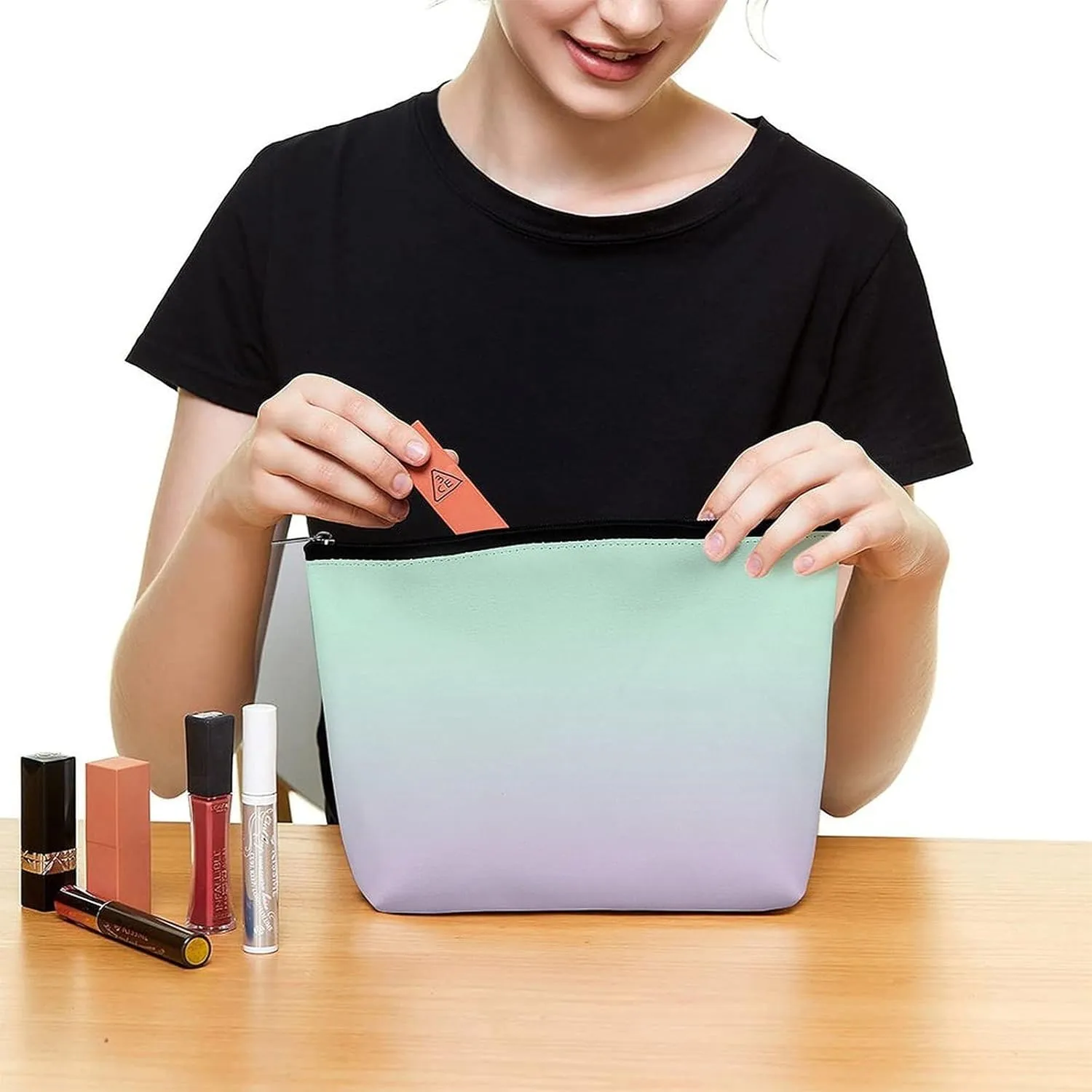 Elegant Makeup Bag, Mint and Lilac Gradient Ombre Cosmetic Bag Large Capacity Pouch Portable Organizer for Men & Women