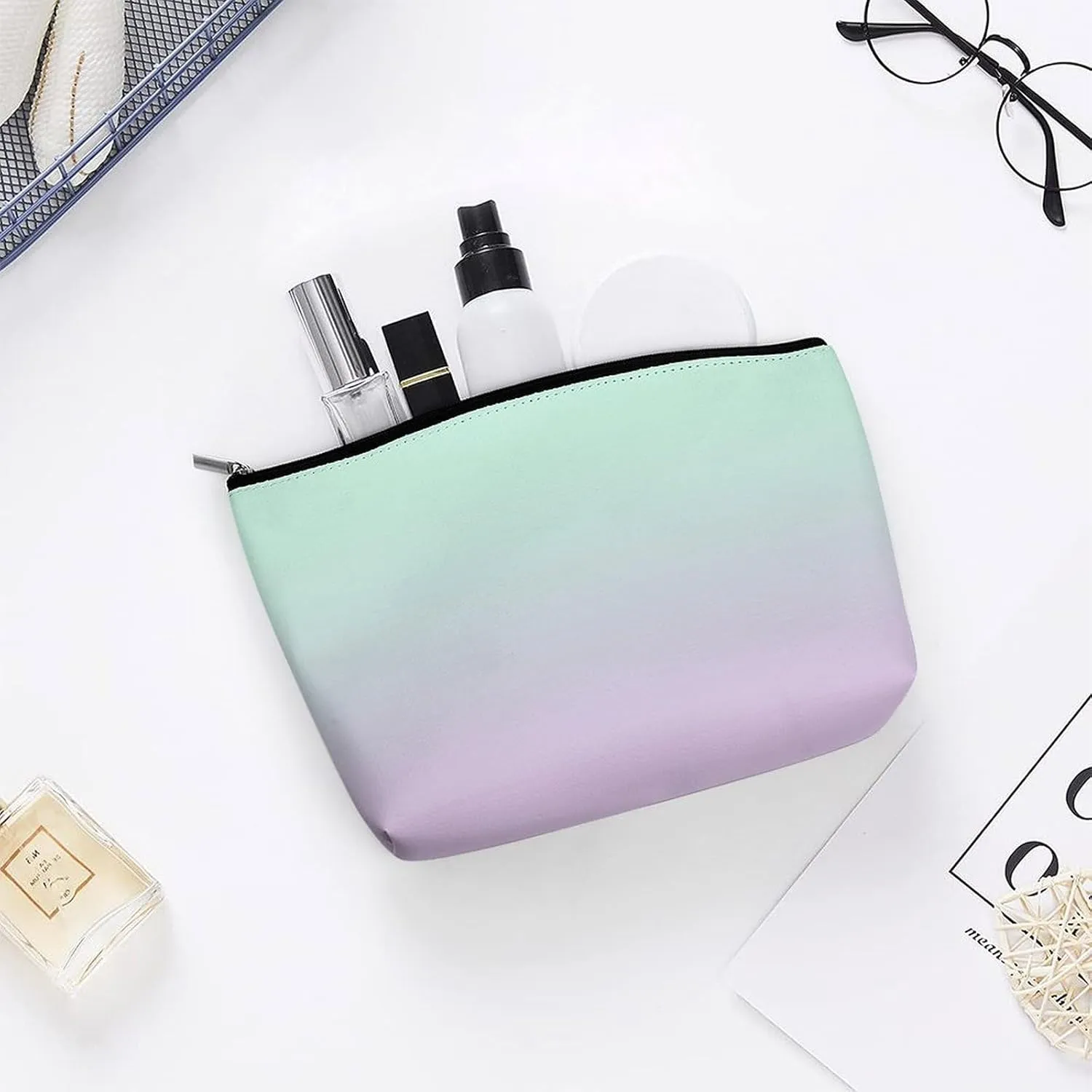 Elegant Makeup Bag, Mint and Lilac Gradient Ombre Cosmetic Bag Large Capacity Pouch Portable Organizer for Men & Women