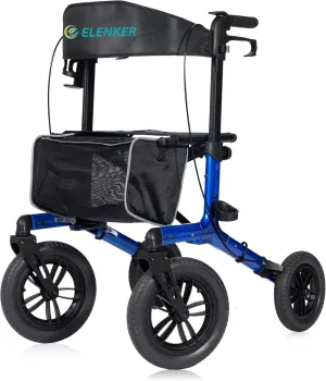 ELENKER All-Terrain Rollator Walker with Non-Pneumatic Tire 12” Front Rubber Wheels, Compact Folding Design for Seniors, Blue