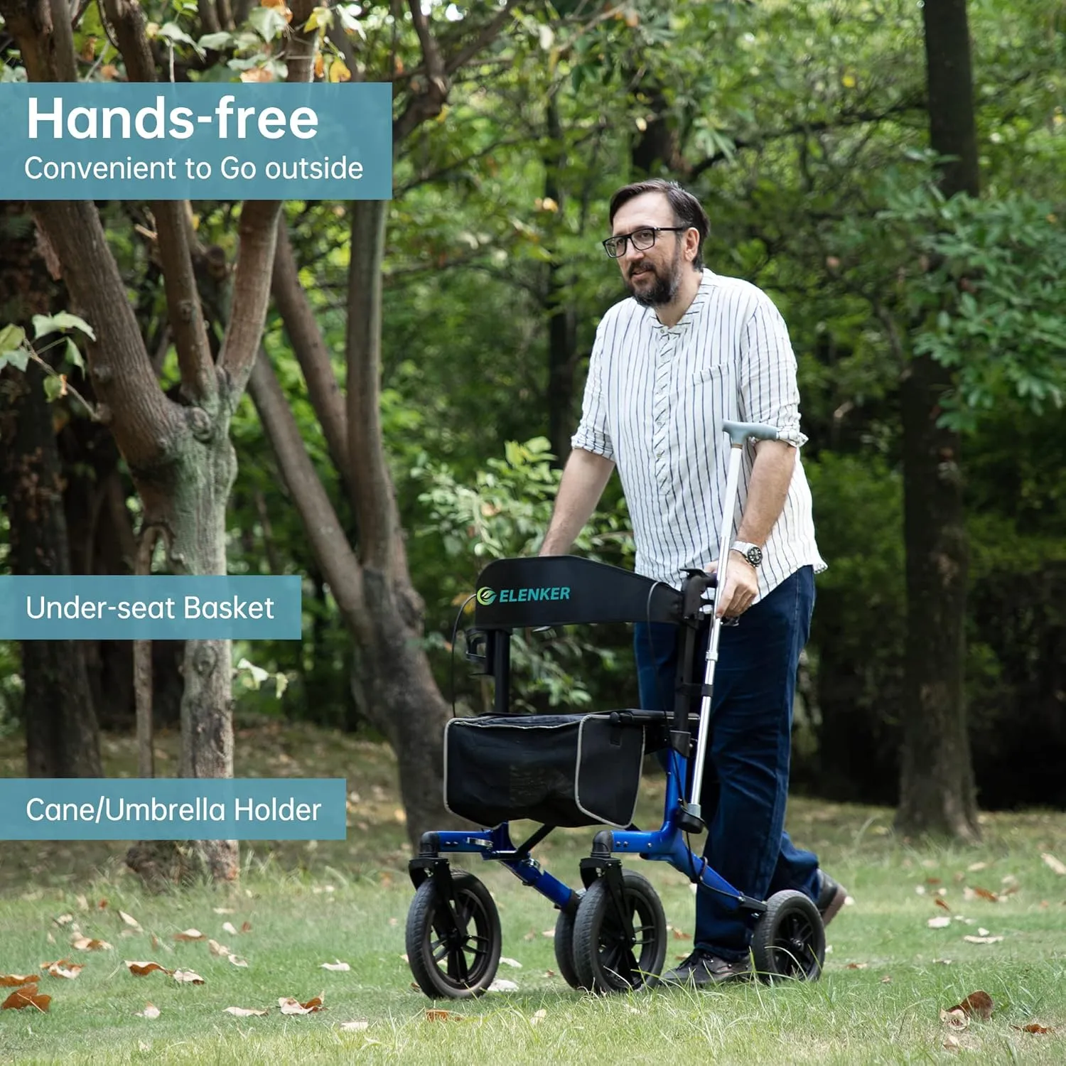 ELENKER All-Terrain Rollator Walker with Non-Pneumatic Tire 12” Front Rubber Wheels, Compact Folding Design for Seniors, Blue