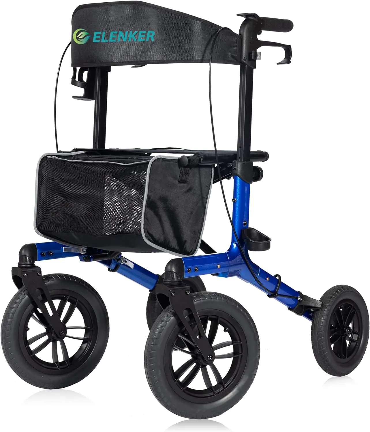 ELENKER All-Terrain Rollator Walker with Non-Pneumatic Tire 12” Front Rubber Wheels, Compact Folding Design for Seniors, Blue