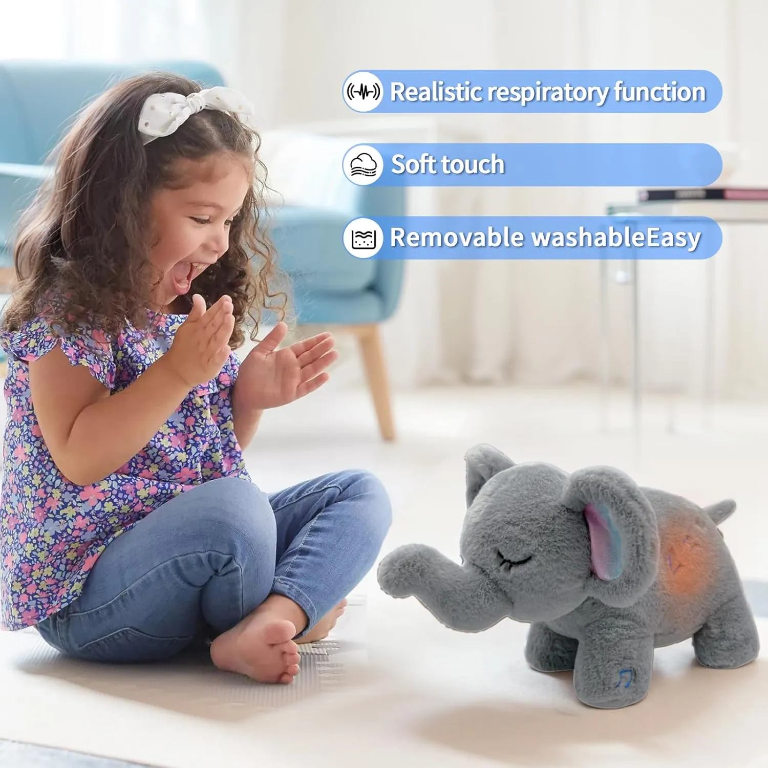 Elephant Breathing Stuffed Animal, Anxiety Relief Gray Elephant Sleeping Plush with Realistic Breathing Motion and Soothing Music Lights Portable Plushies Birthday Gifts for Adults Kids