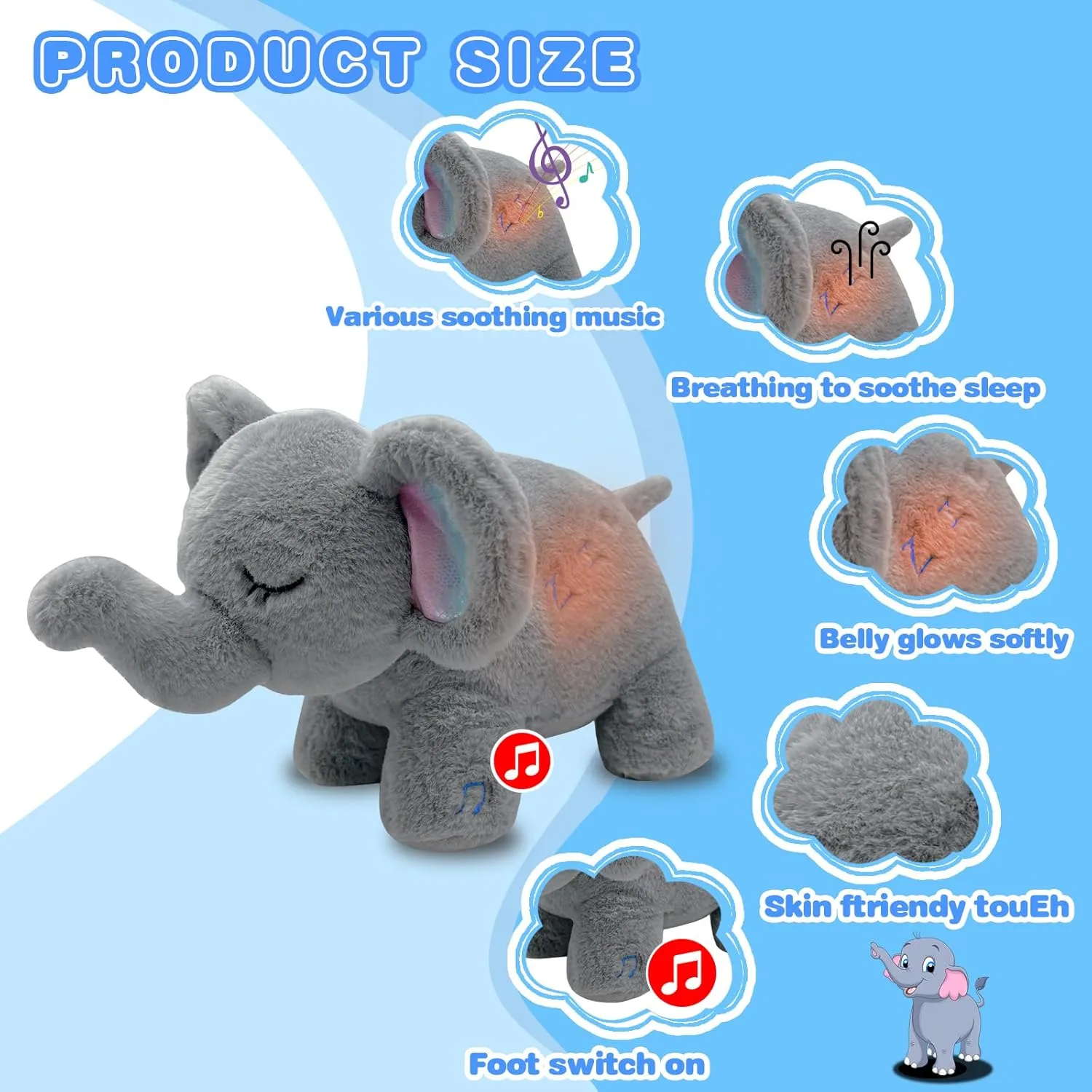 Elephant Breathing Stuffed Animal, Anxiety Relief Gray Elephant Sleeping Plush with Realistic Breathing Motion and Soothing Music Lights Portable Plushies Birthday Gifts for Adults Kids