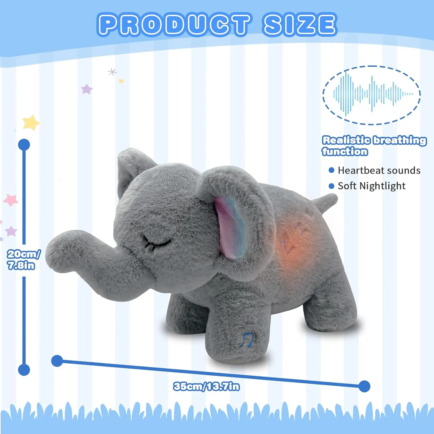 Elephant Breathing Stuffed Animal, Anxiety Relief Gray Elephant Sleeping Plush with Realistic Breathing Motion and Soothing Music Lights Portable Plushies Birthday Gifts for Adults Kids