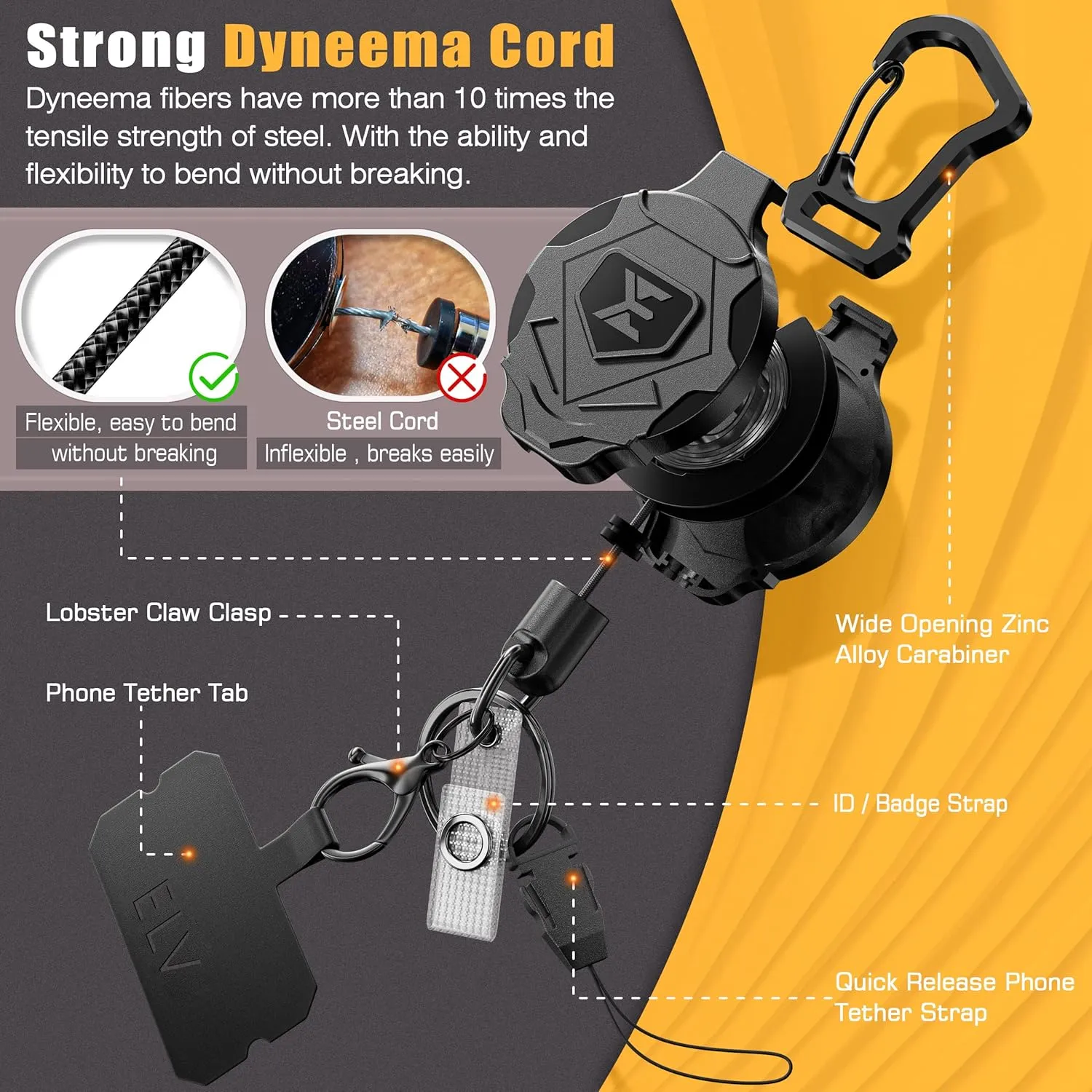 ELV Heavy Duty Retractable Keychain with Magnetic Closure and Carabiner, ID Badge Holder Clip, Badge Reel with 31' Dyneema Cord, Key Ring, Lobster Claw Clasp and Phone Tethers